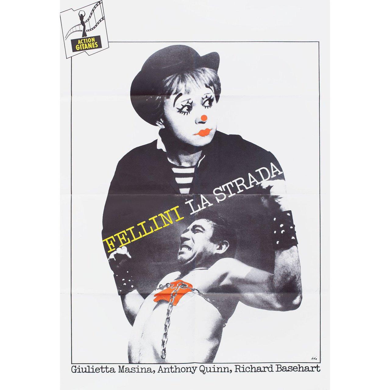 Original 1990s re-release French half grande poster for the 1954 film La Strada directed by Federico Fellini with Anthony Quinn / Giulietta Masina / Richard Basehart / Aldo Silvani. Fine condition, folded. Many original posters were issued folded or
