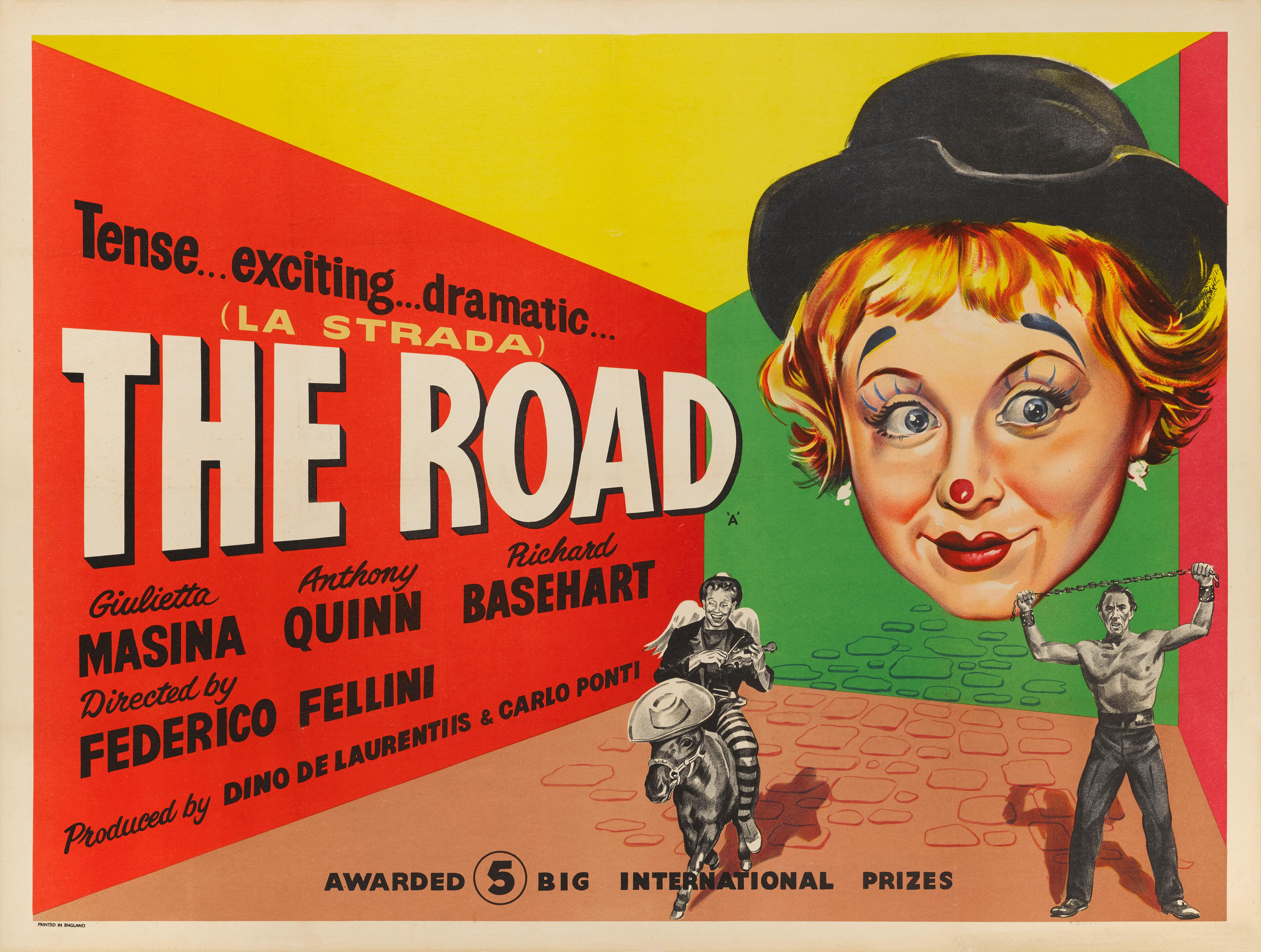 Raro cartel original británico para la película La Strada / The Road de 1957
Esta película fue dirigida por Federico  Fellini y protagonizada por JGiulietta Masina, Anthony Quinn y Richard Basehart.
Este póster tiene soporte de lino de conservación