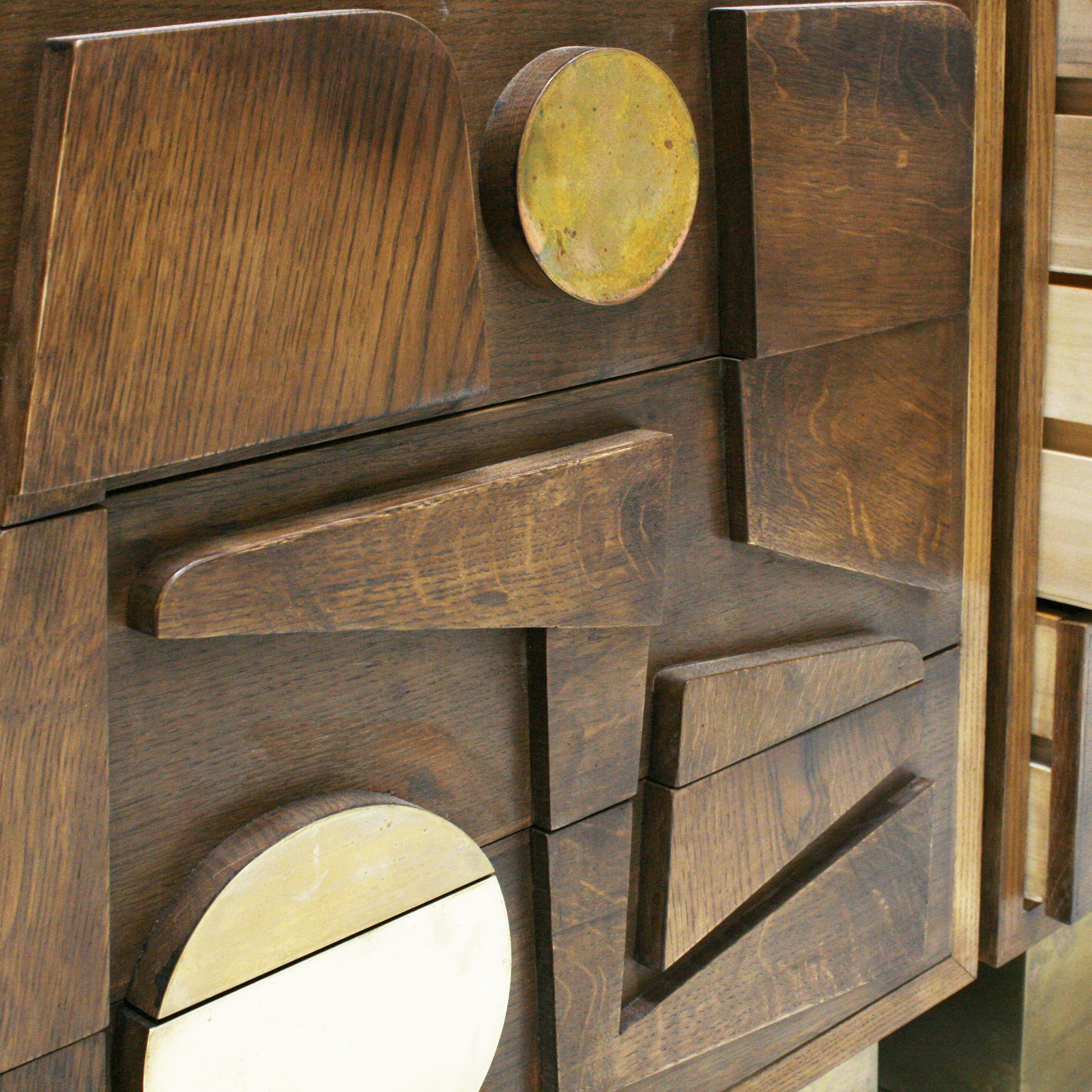 Contemporary L.A. Studio Designed Brass and Oak Wood Brutalism Italian Sideboard For Sale