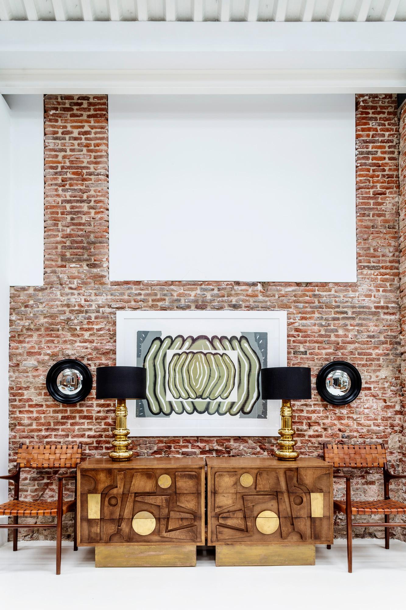 L.A. Studio Designed Brass and Oak Wood Brutalism Italian Sideboard For Sale 4