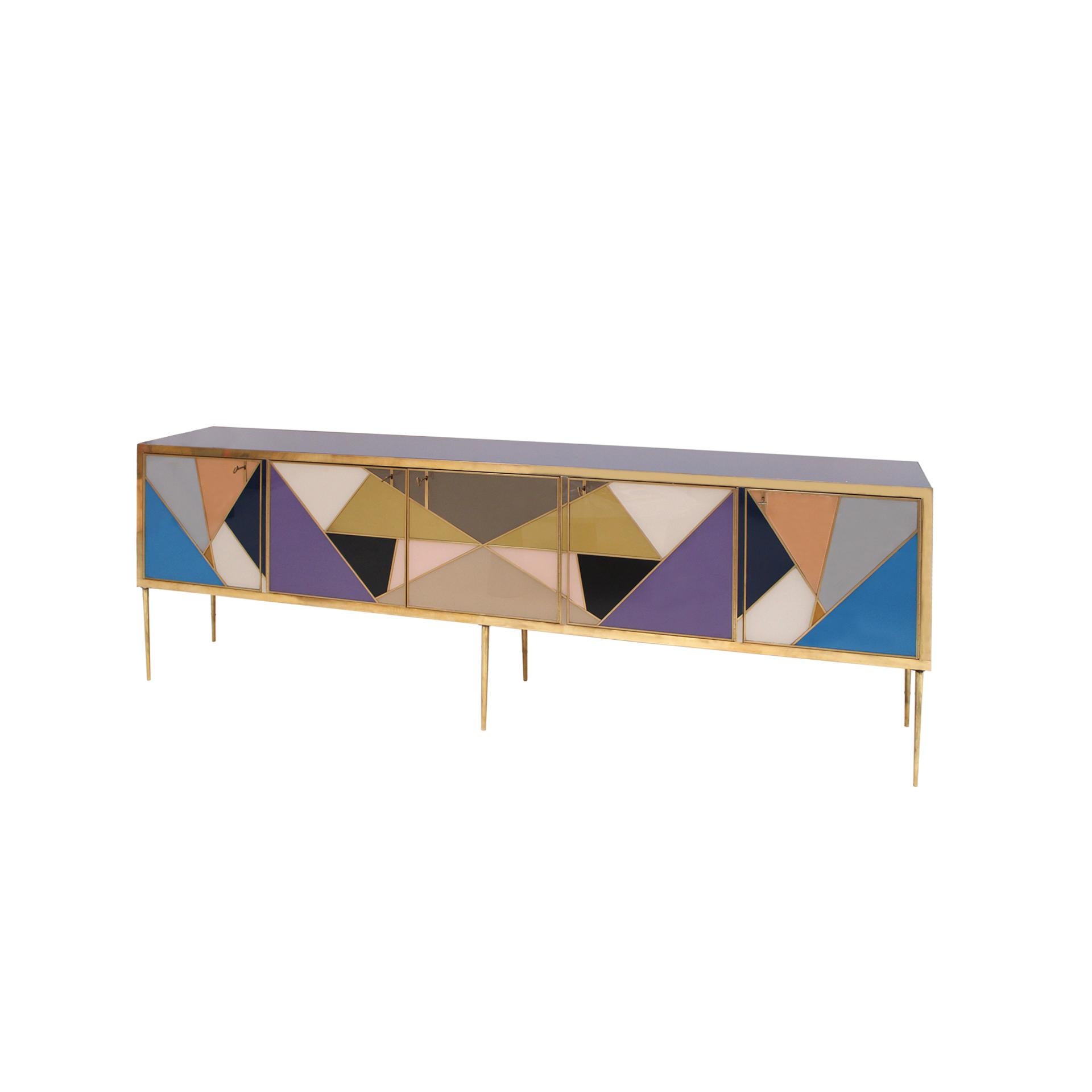 Mid-Century Modern L.A. Studio Colored Glass And Brass Italian Sideboard For Sale