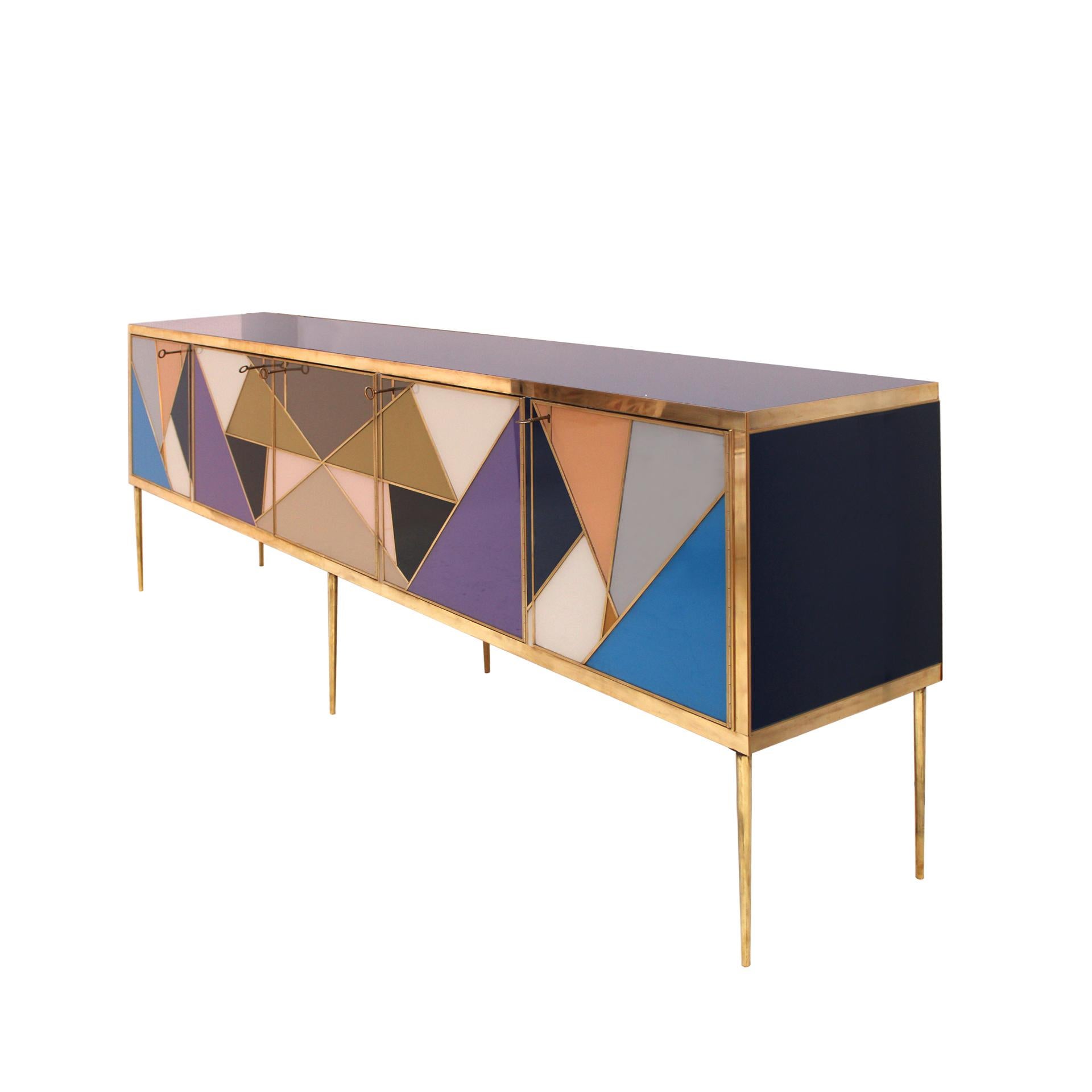 L.A. Studio Colored Glass And Brass Italian Sideboard In Good Condition For Sale In Ibiza, Spain