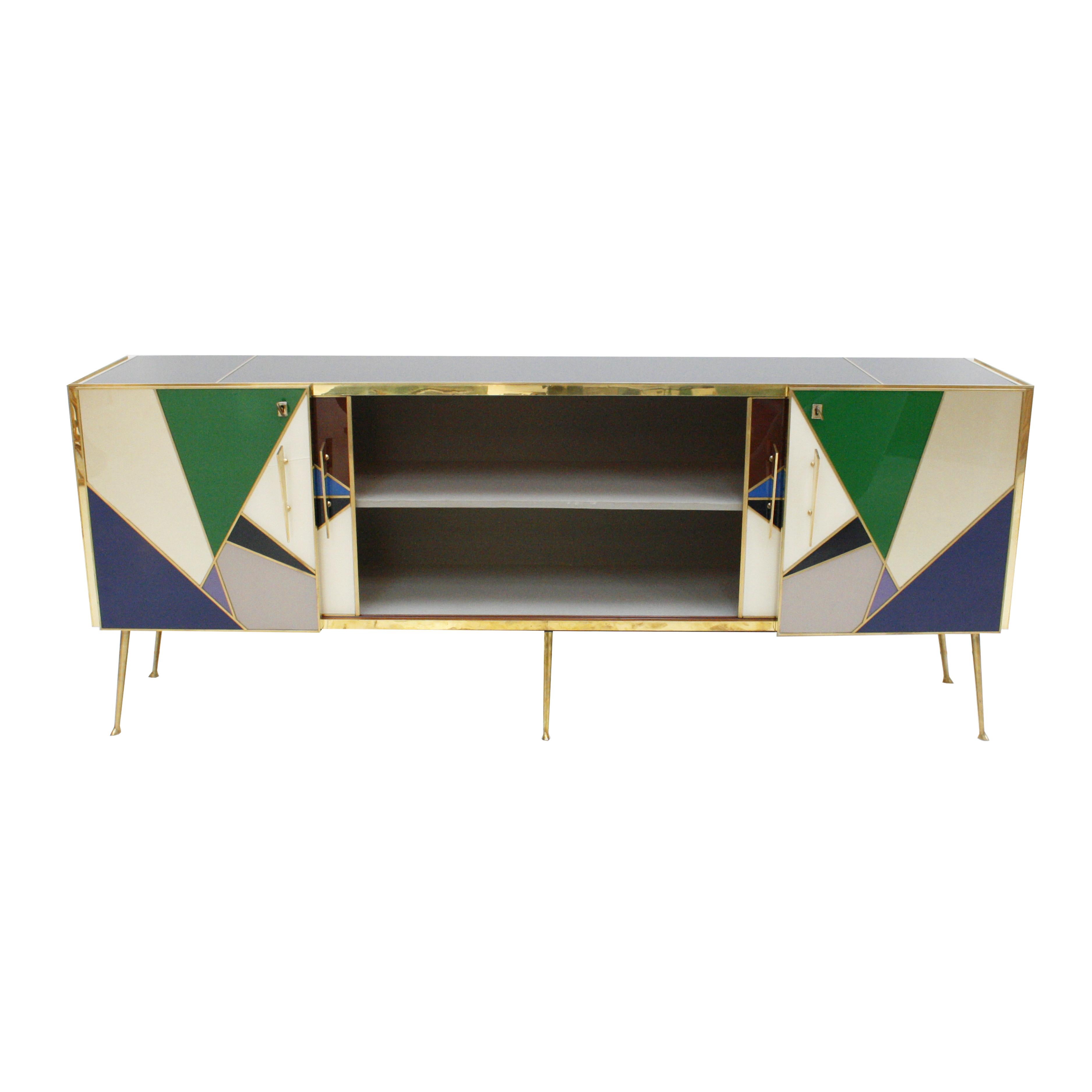 Contemporary L.A. Studio Colored Glass And Brass Italian Sideboard