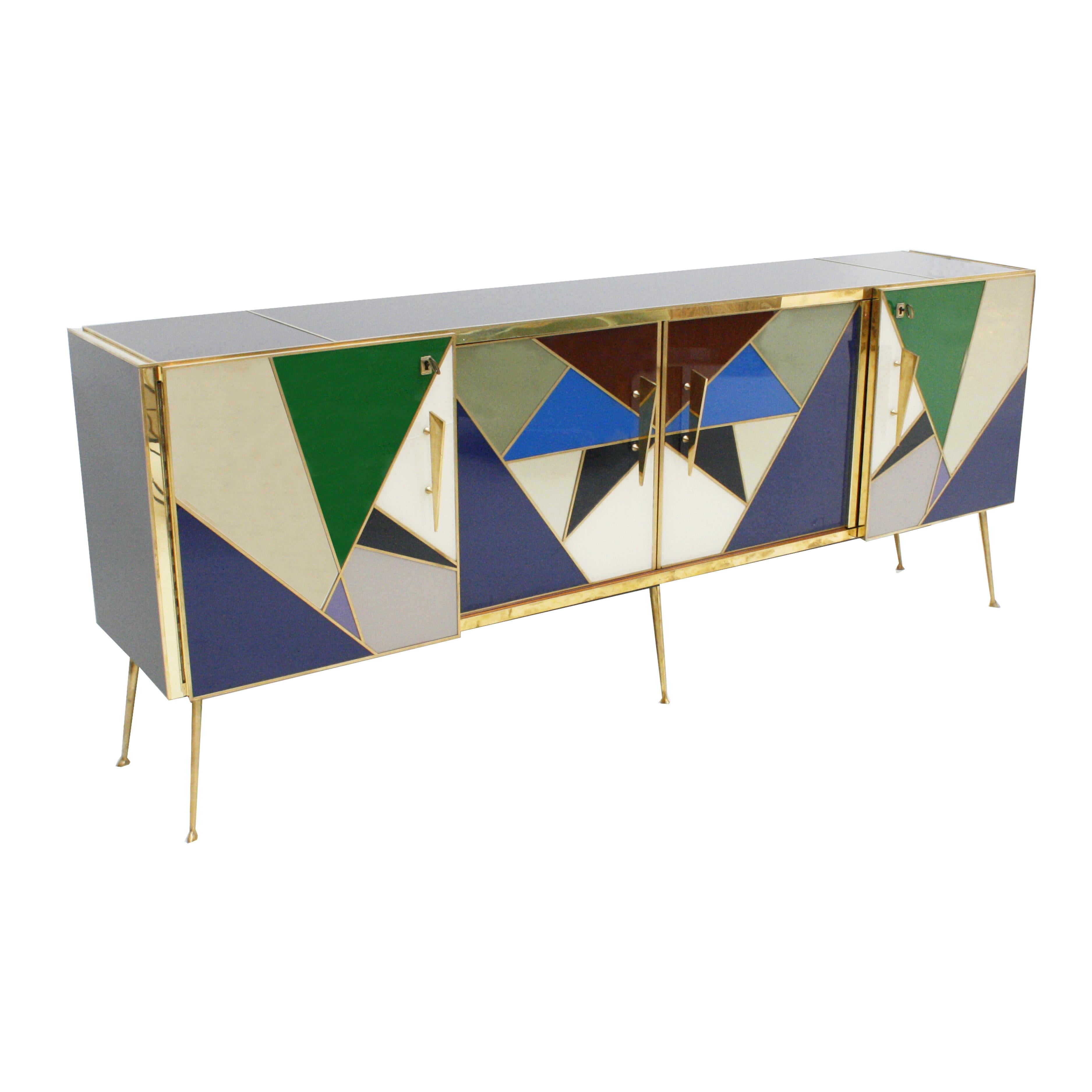 L.A. Studio Colored Glass And Brass Italian Sideboard 1