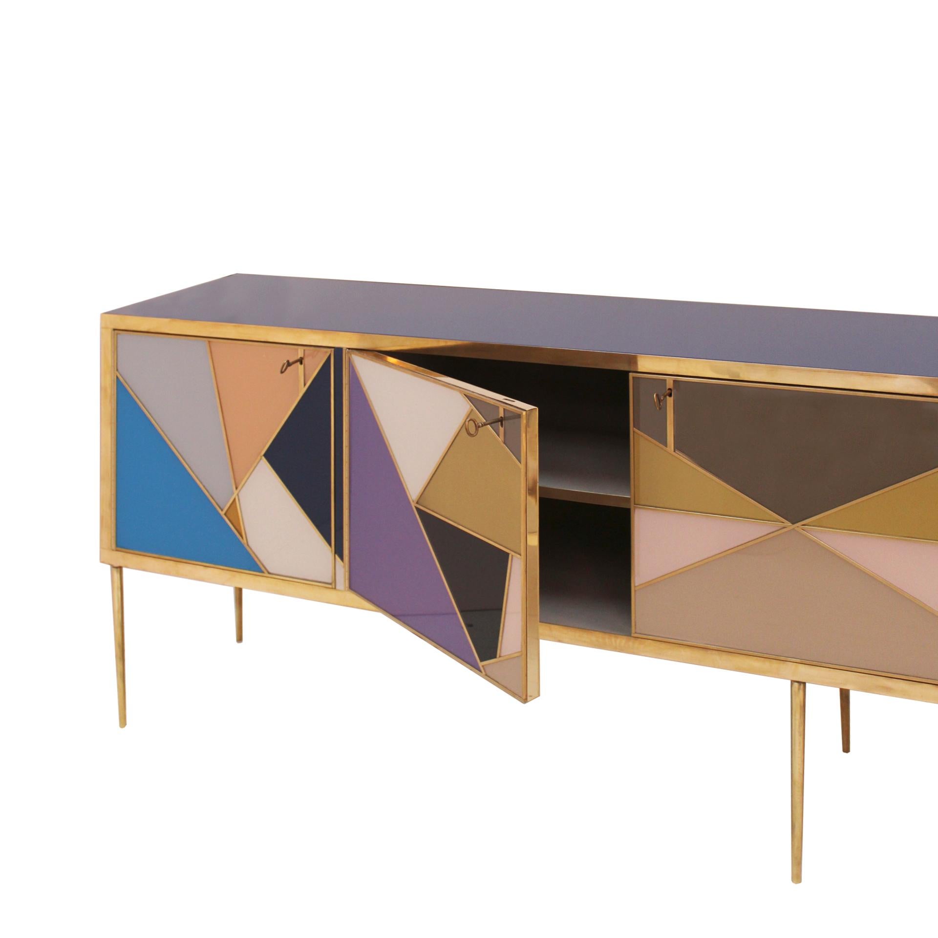 L.A. Studio Colored Glass And Brass Italian Sideboard For Sale 2