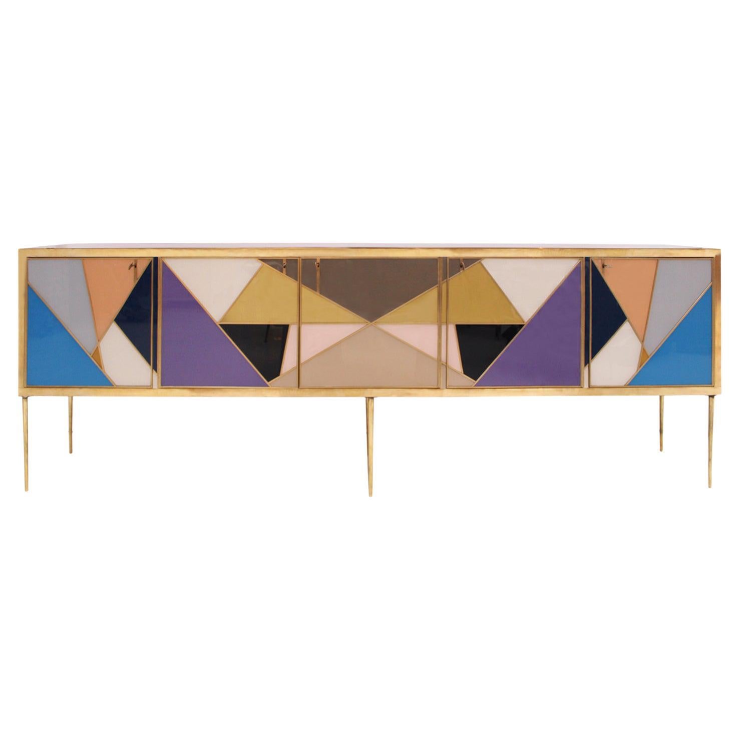 L.A. Studio Colored Glass And Brass Italian Sideboard For Sale