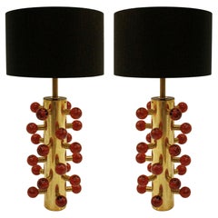 Mid Century Style Red Black and Gold Murano Glass and Brass Italian Table Lamps