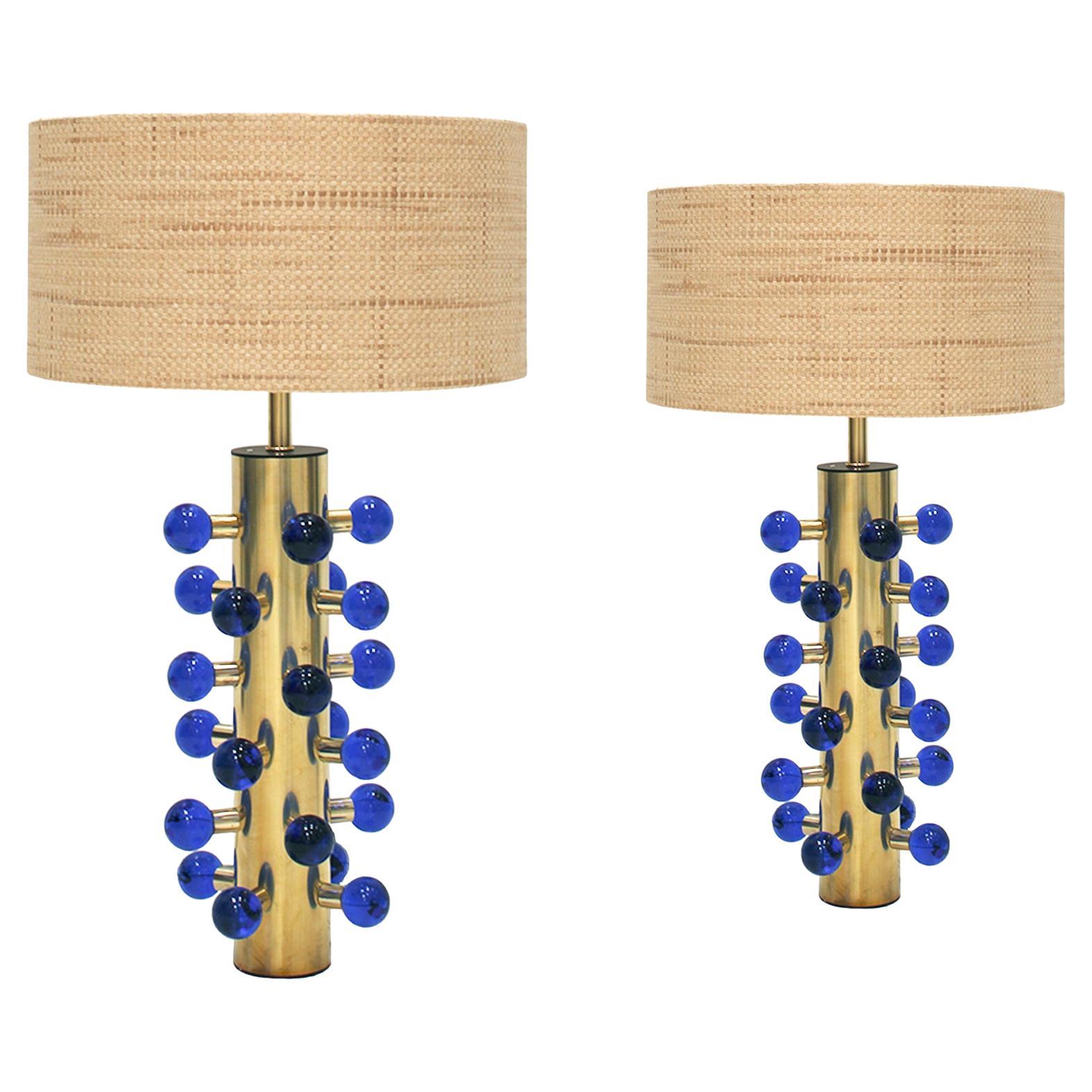 L.A. Studio Contemporary Modern Murano Glass and Brass Pair of Table Lamps For Sale