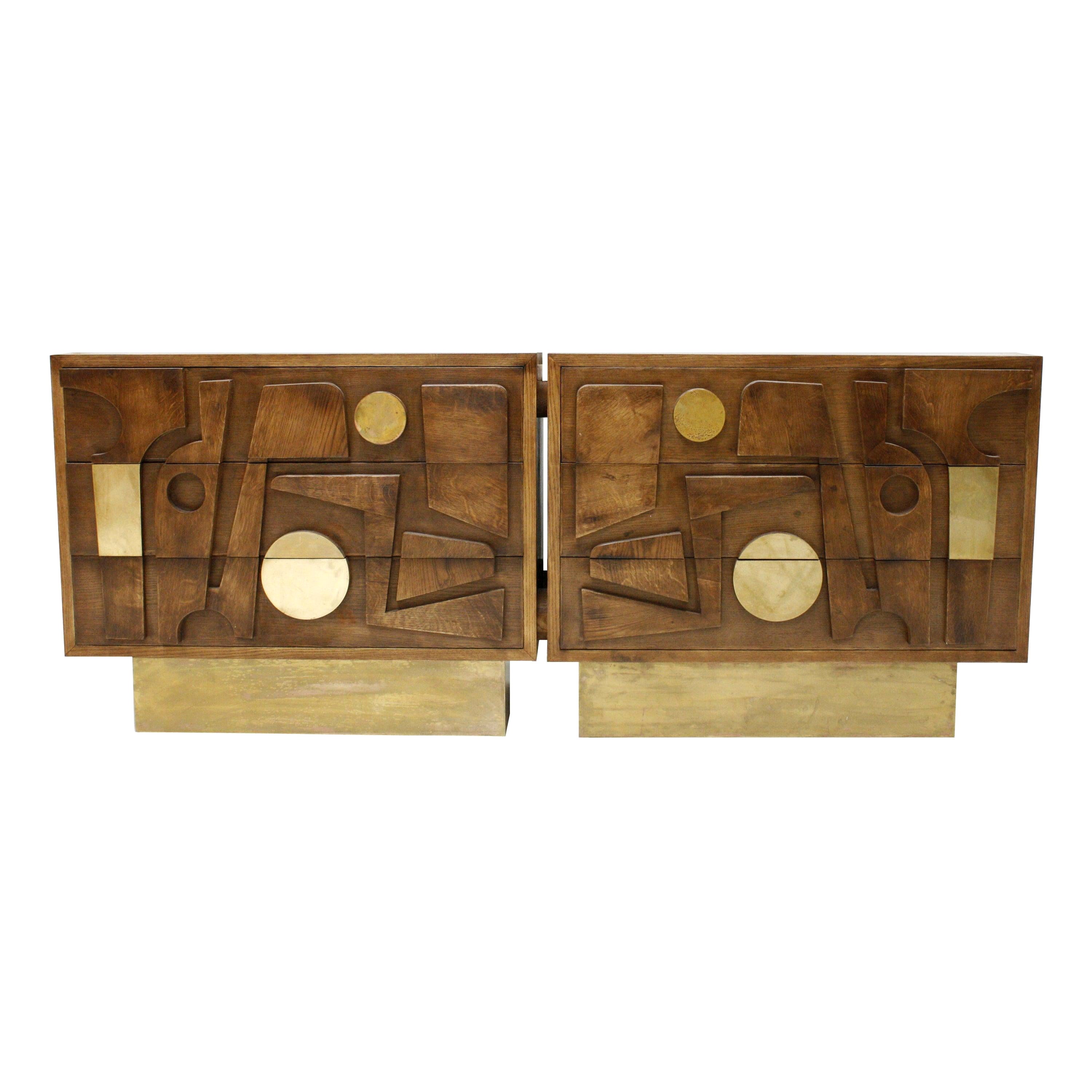 L.A. Studio Designed Brass and Oak Wood Brutalism Italian Sideboard
