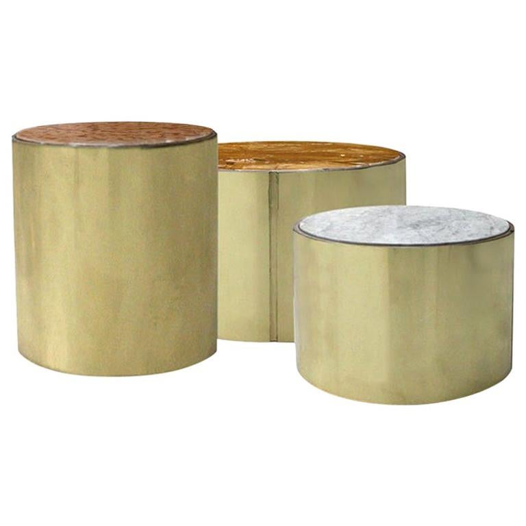 L.A. Studio Modern Brass and Marble Set of Three Italian Side Tables For Sale