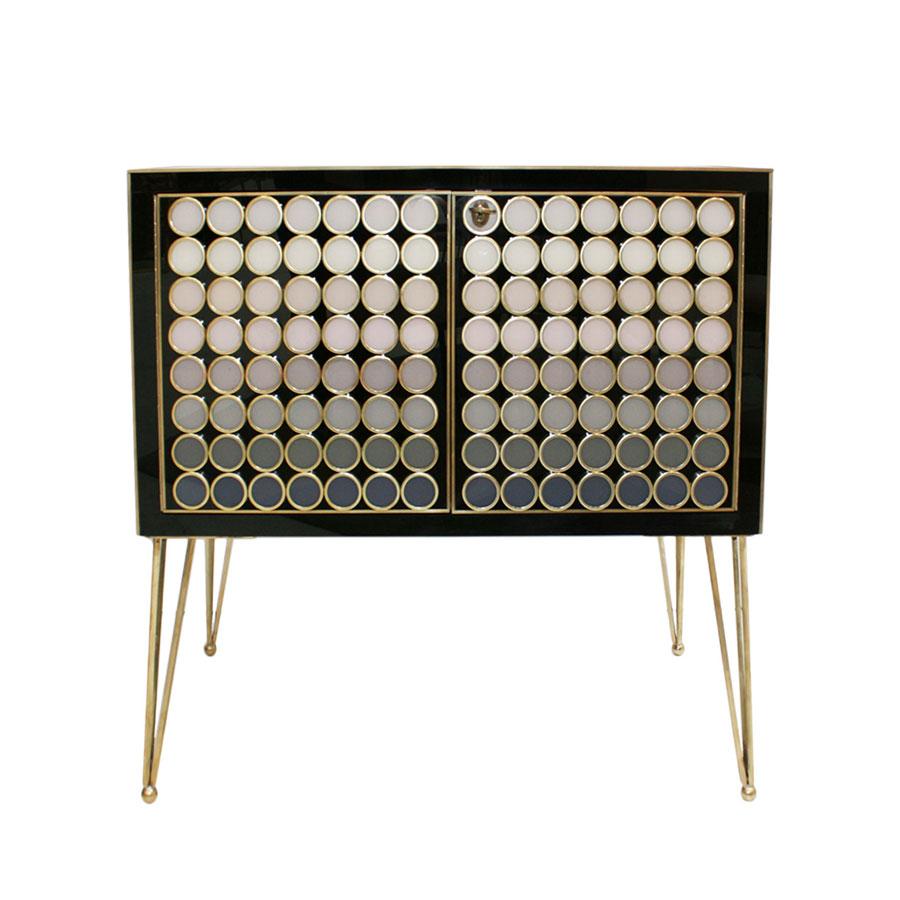 Pair of Italian commodes composed of two doors. Structure made in solid wood covered in murano glass and brass details. Brass hairpin style legs.

Our main target is customer satisfaction, so we include in the price for this item professional and