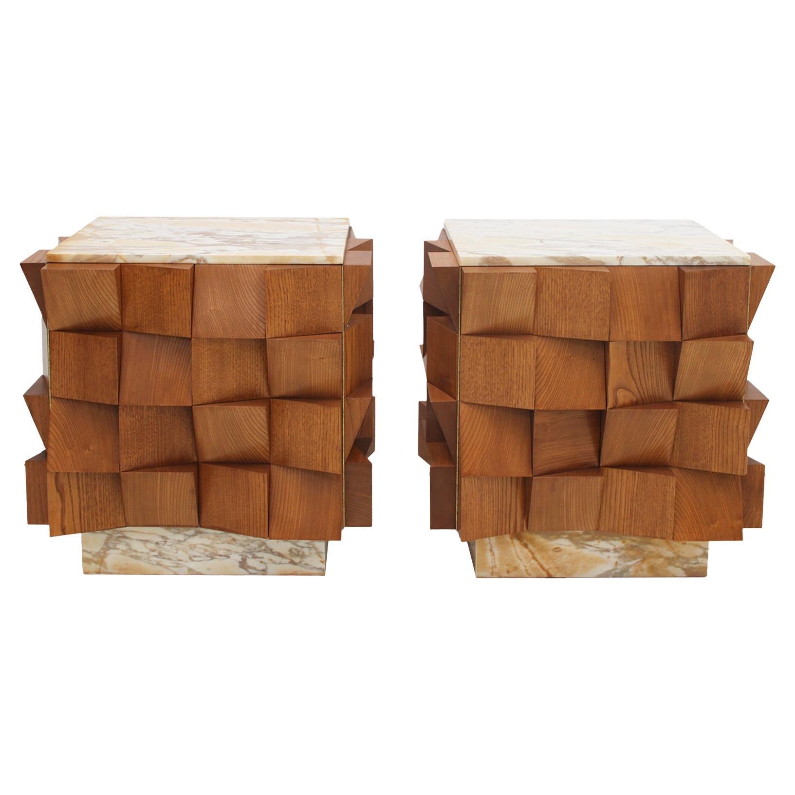 L.A. Studio Pair of Birch Wood and Siena Marble Stone Italian Side/Night Tables For Sale
