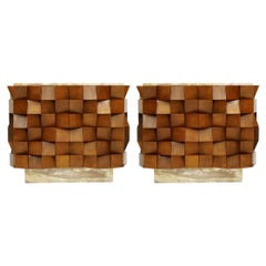 L.A. Studio Pair of Birch Wood and Siena Marble Stone Italian Sideboards