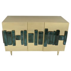L.A. Studio Sideboard Designed in Brushed Brass and Murano Green Glass, Italy