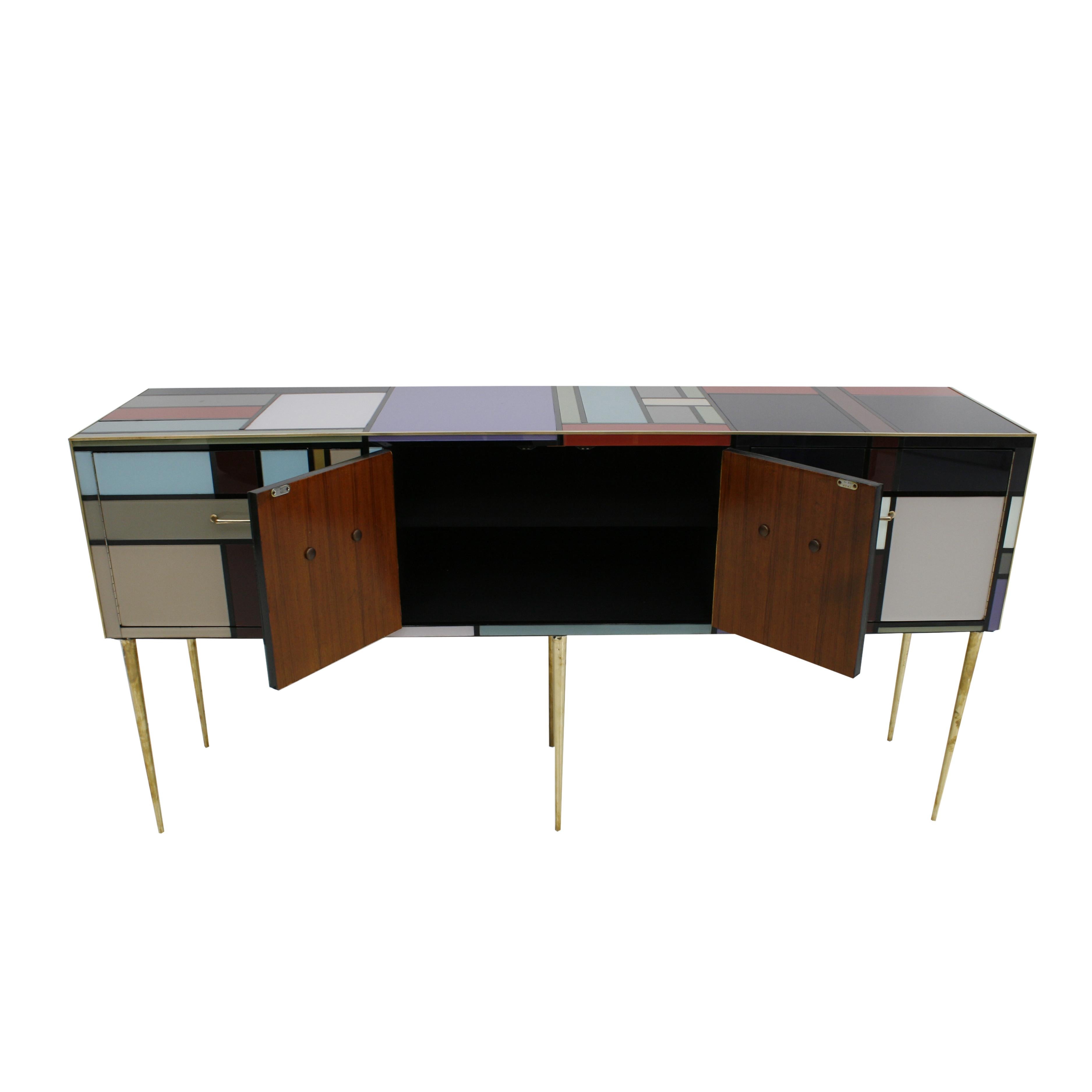 Mid-Century Modern L.A. Studio Sideboard with Four Doors Made in Colored Glass. Italy