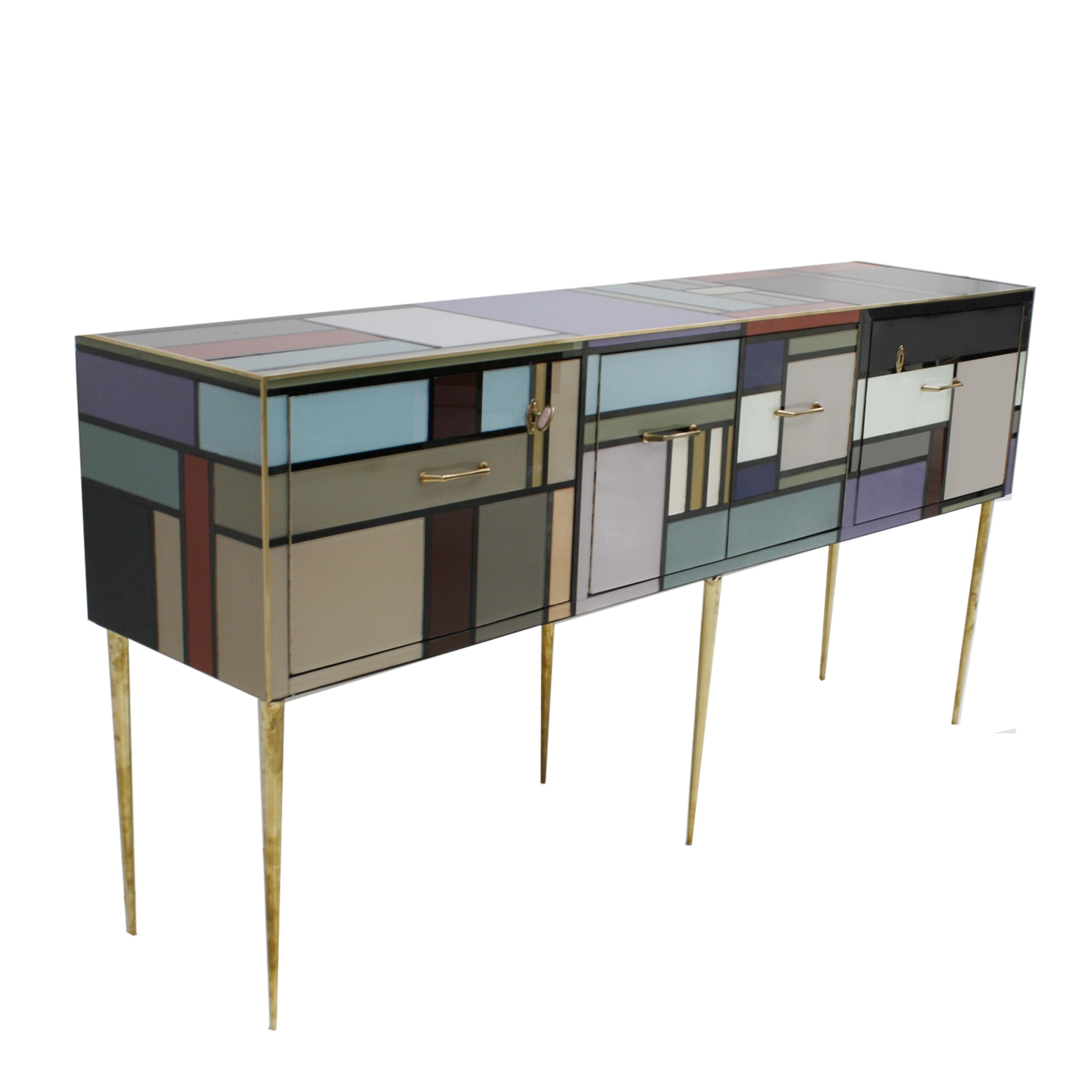 Italian L.A. Studio Sideboard with Four Doors Made in Colored Glass. Italy