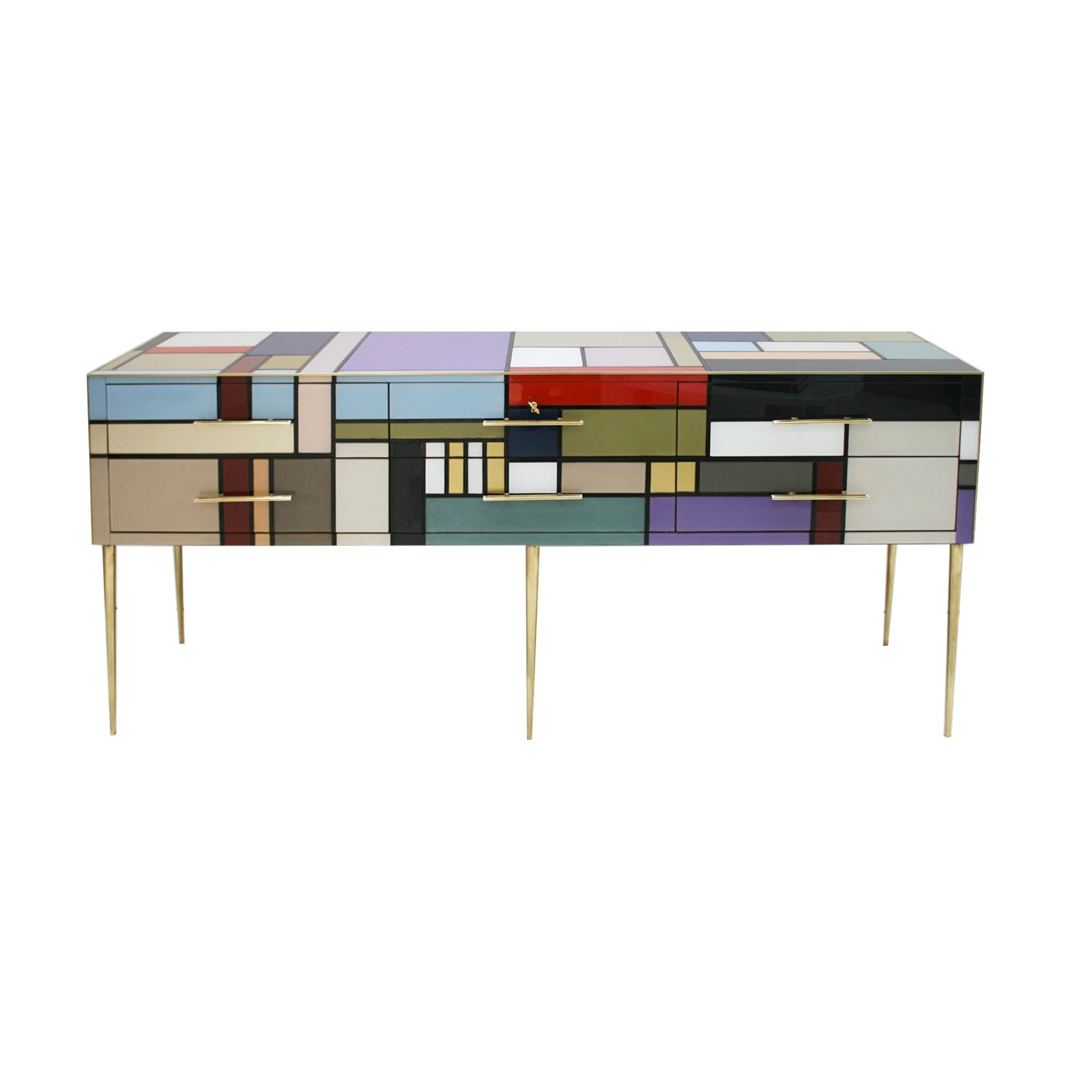 L.A. Studio Six Drawers Murano Colored Glass Brass Italian Sideboard 3