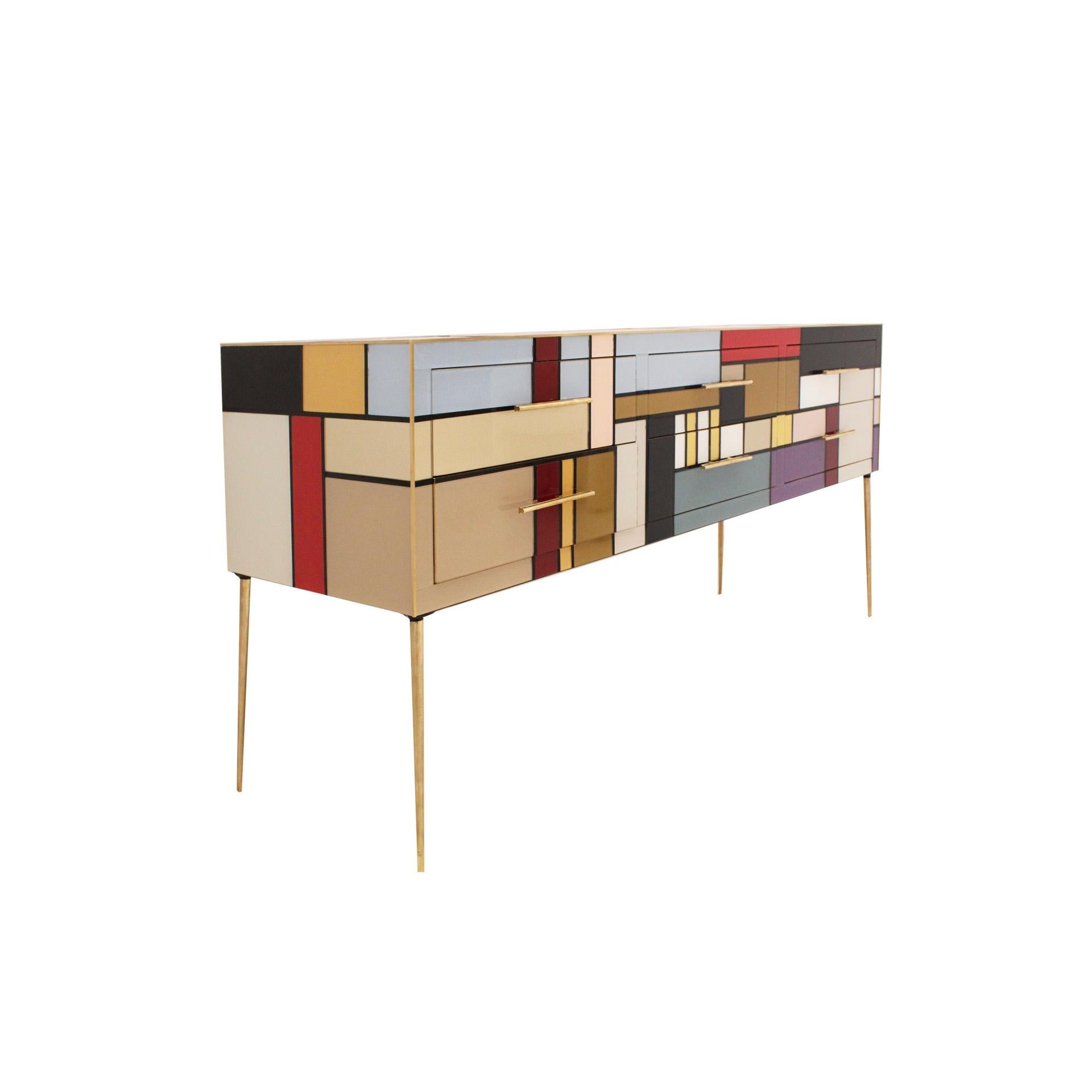 Italian Mid Century Style Sideboard Made of Solid Wood and Covered with Colored Glass For Sale