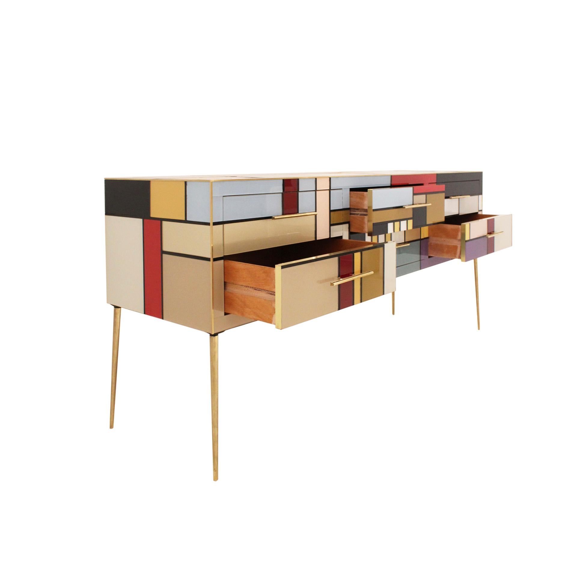 Mid Century Style Sideboard Made of Solid Wood and Covered with Colored Glass In Good Condition For Sale In Ibiza, Spain