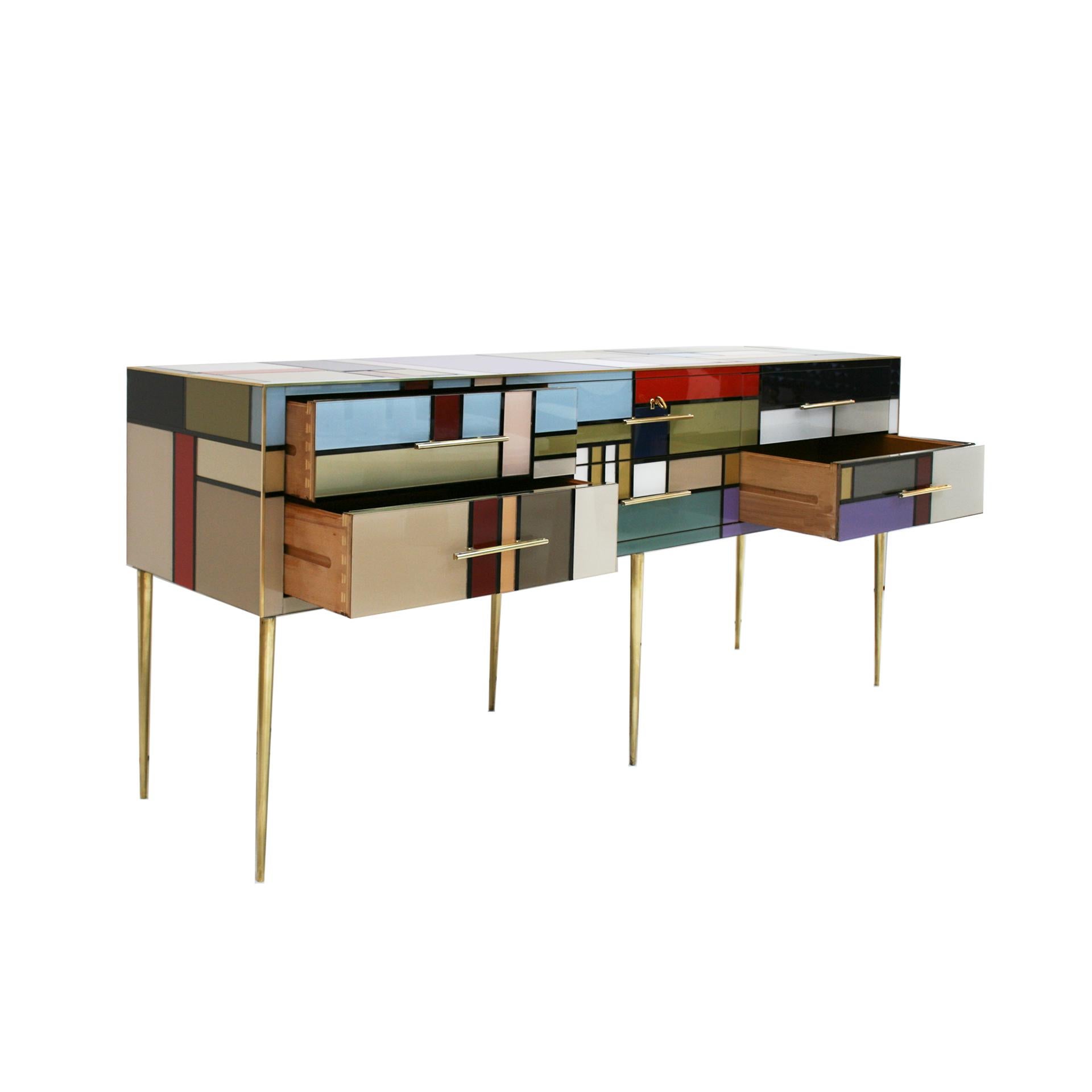 L.A. Studio Six Drawers Murano Colored Glass Brass Italian Sideboard 2