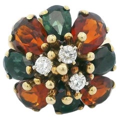 Vintage La Triomphe 14k Citrine Peridot Floral Cluster 3 Diamonds Ring
