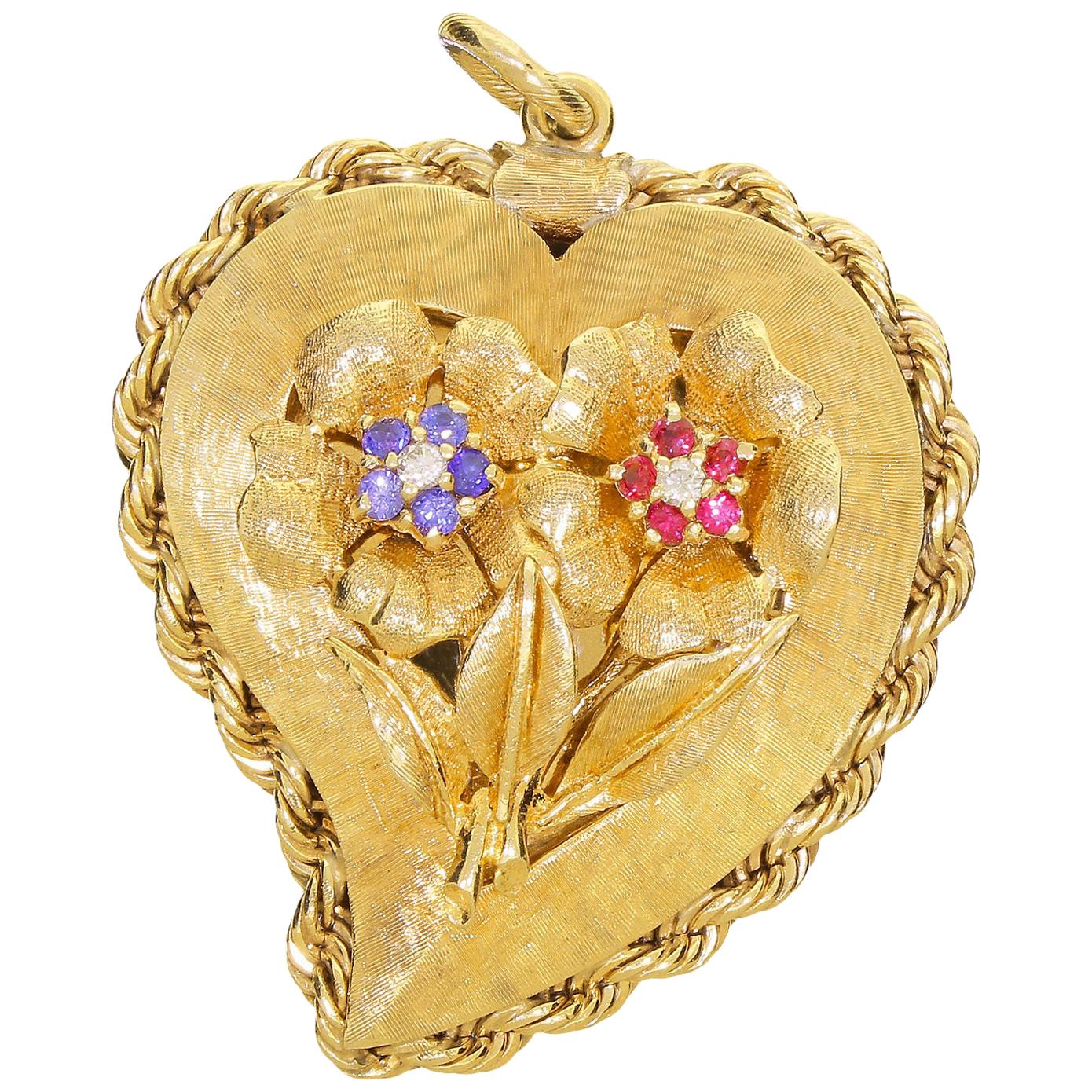 La Triomphe 14 Karat Gold Diamond Sapphire Ruby Floral Love Heart Photo Locket