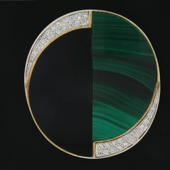 La Triomphe 14K Gold Inlaid Malachite Black Onyx & Diamond Brooch Pin Pendant