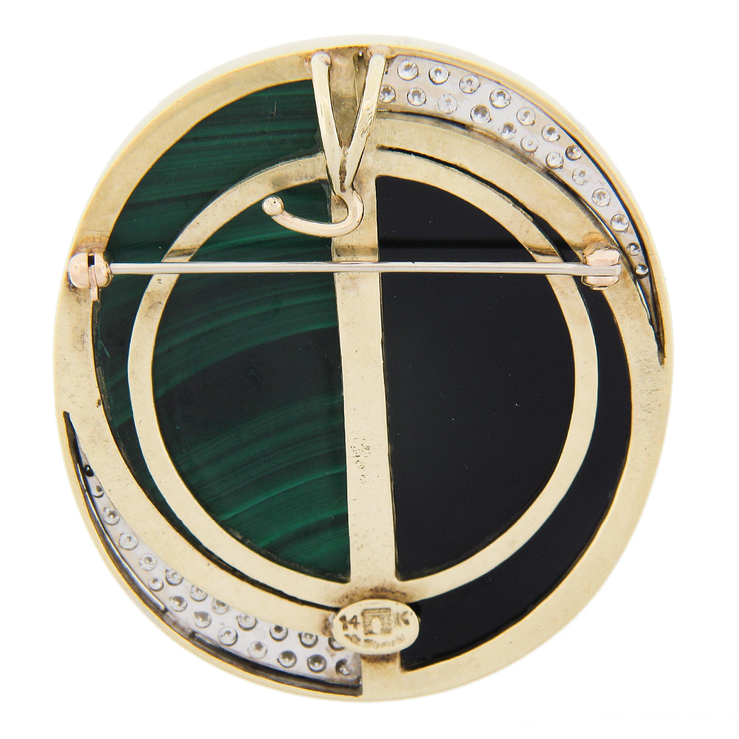 Round Cut La Triomphe 14K Gold Inlaid Malachite Black Onyx & Diamond Brooch Pin Pendant For Sale
