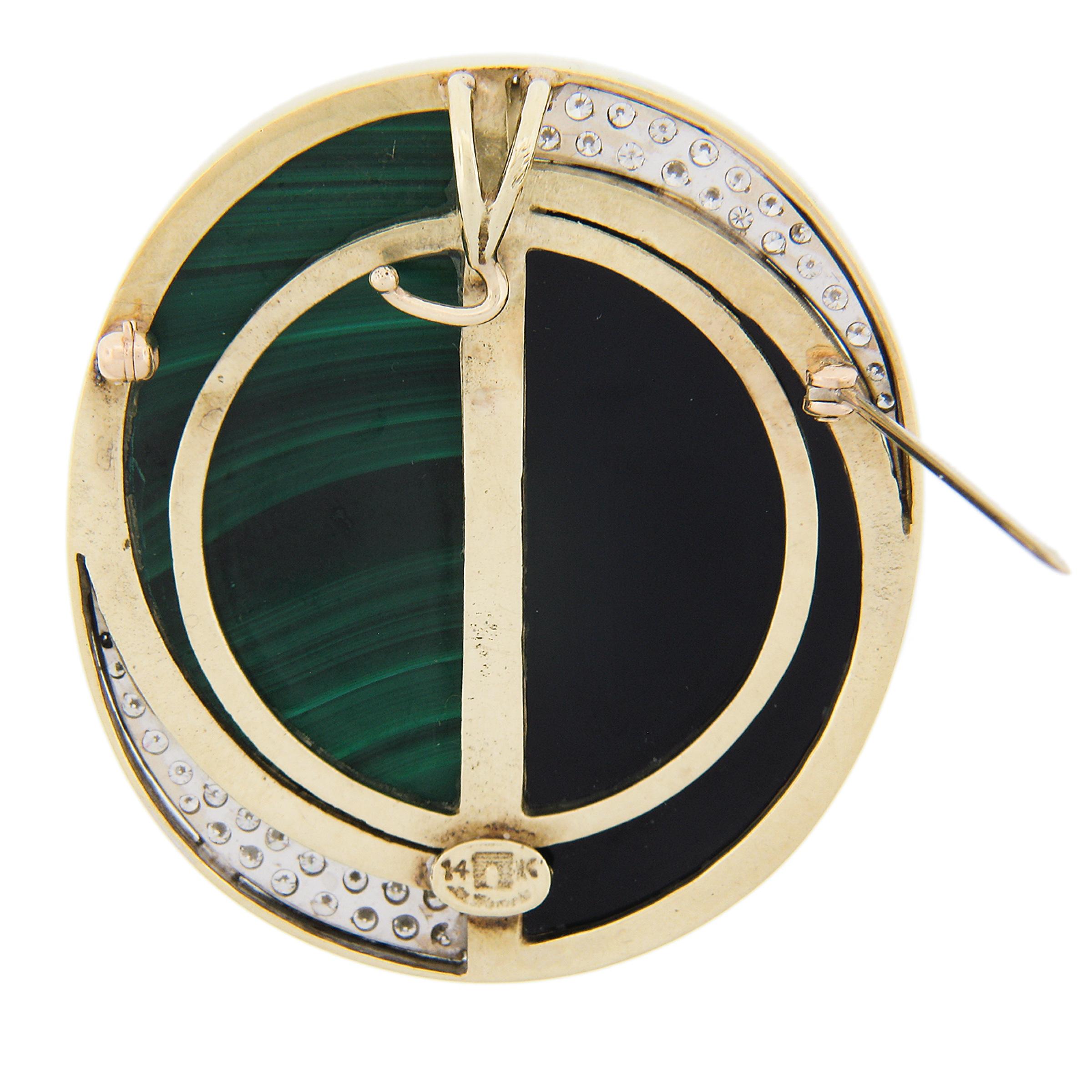 La Triomphe 14K Gold Inlaid Malachite Black Onyx & Diamond Brooch Pin Pendant In Good Condition For Sale In Montclair, NJ