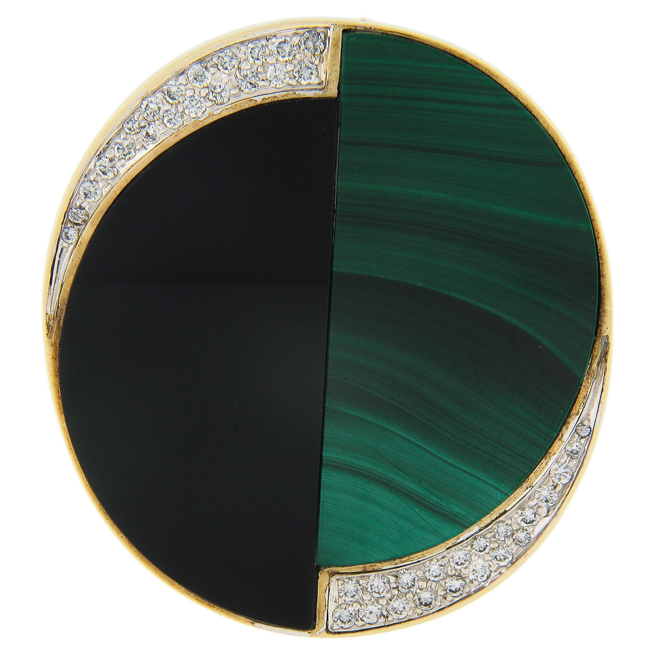 La Triomphe 14K Gold Inlaid Malachite Black Onyx & Diamond Brooch Pin Pendant For Sale