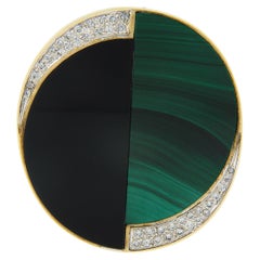 La Triomphe 14K Gold Inlaid Malachite Black Onyx & Diamond Brooch Pin Pendant