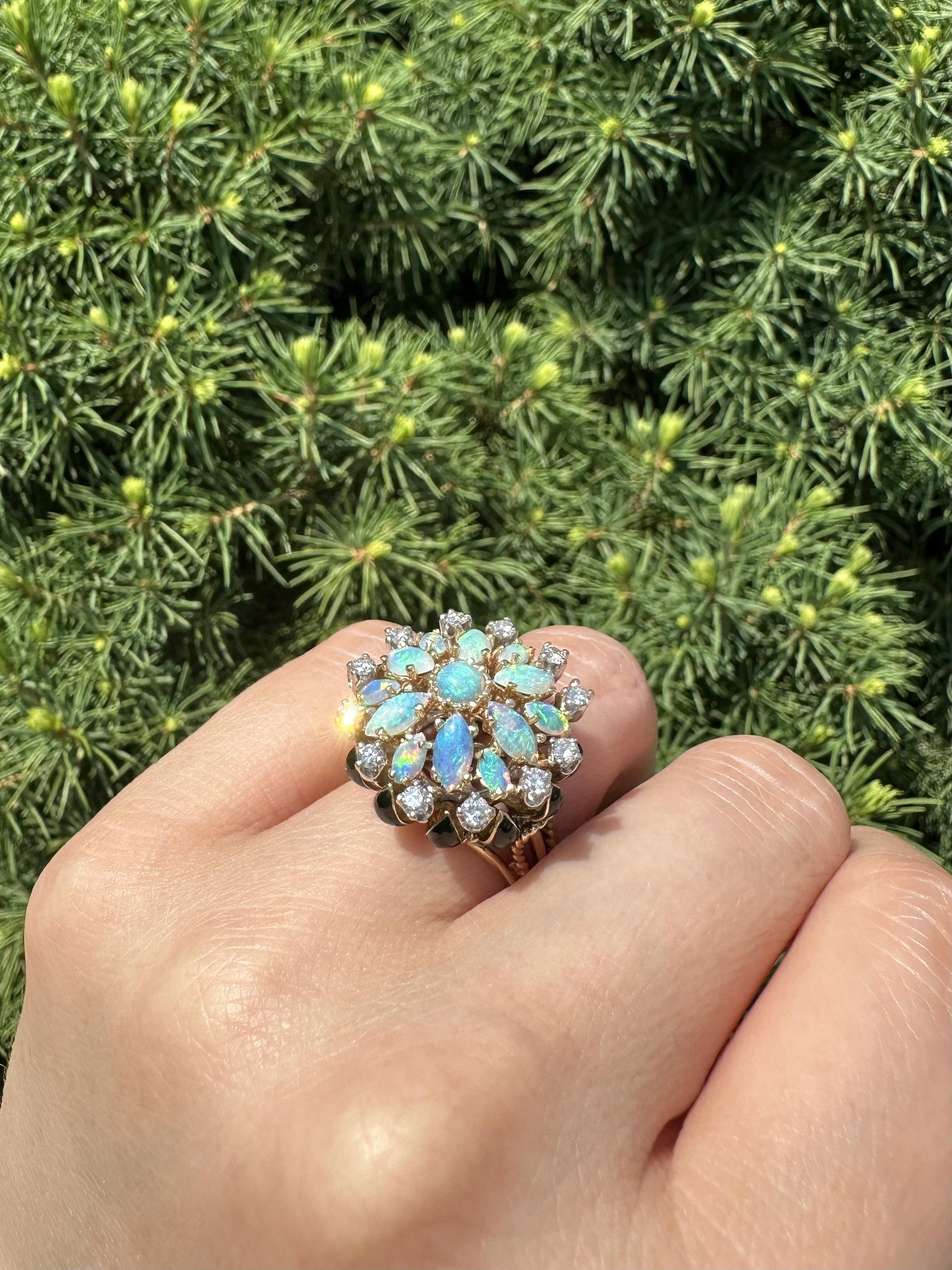 La Triomphe 14k Gold & Palladium Opal Diamond Black Enamel Cluster Flower Ring For Sale 5
