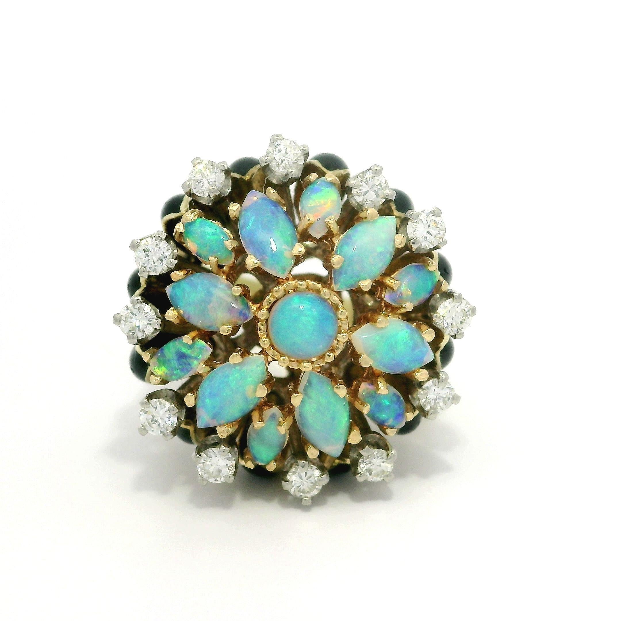 La Triomphe 14k Gold & Palladium Opal Diamond Black Enamel Cluster Flower Ring For Sale 6