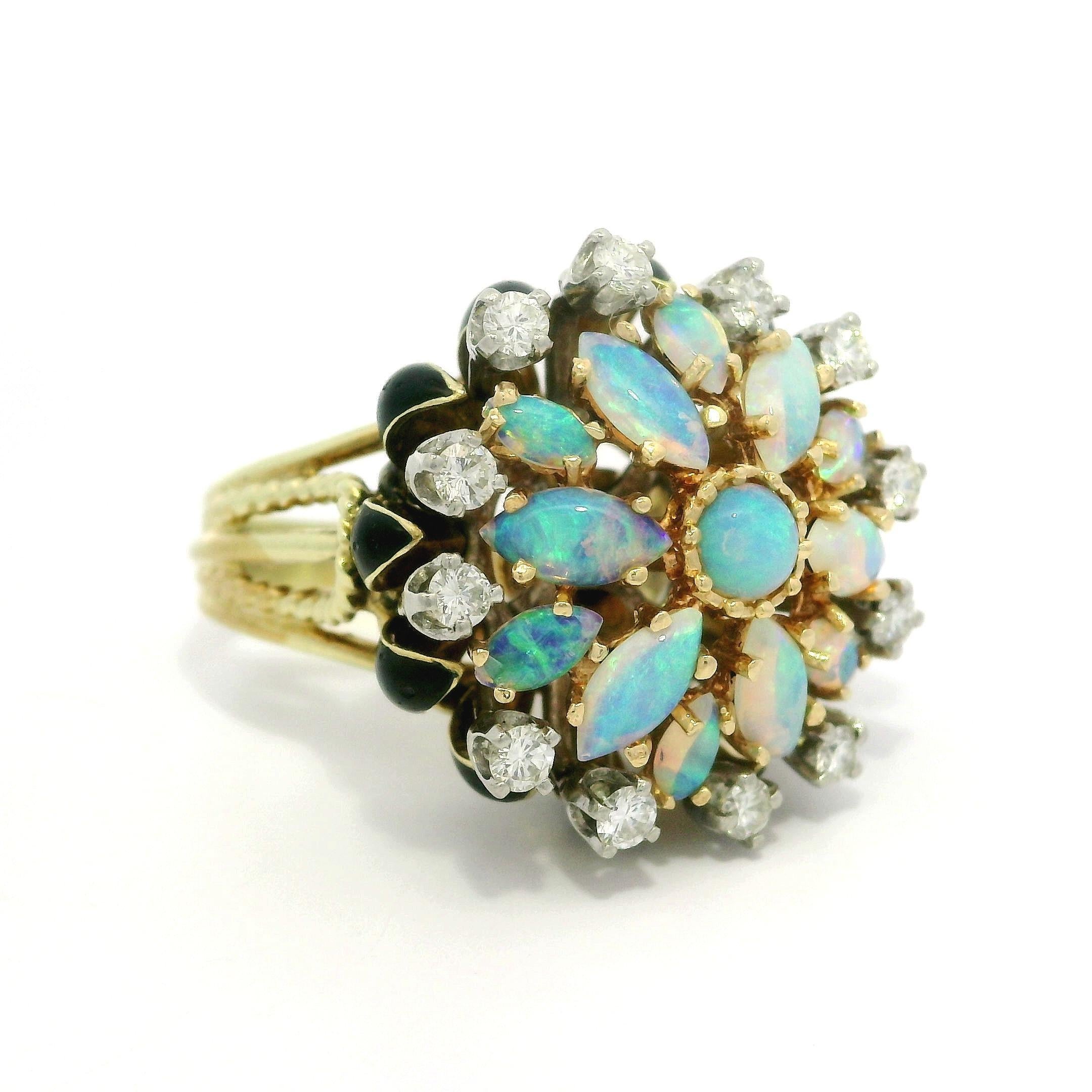 La Triomphe 14k Gold & Palladium Opal Diamond Black Enamel Cluster Flower Ring For Sale 7