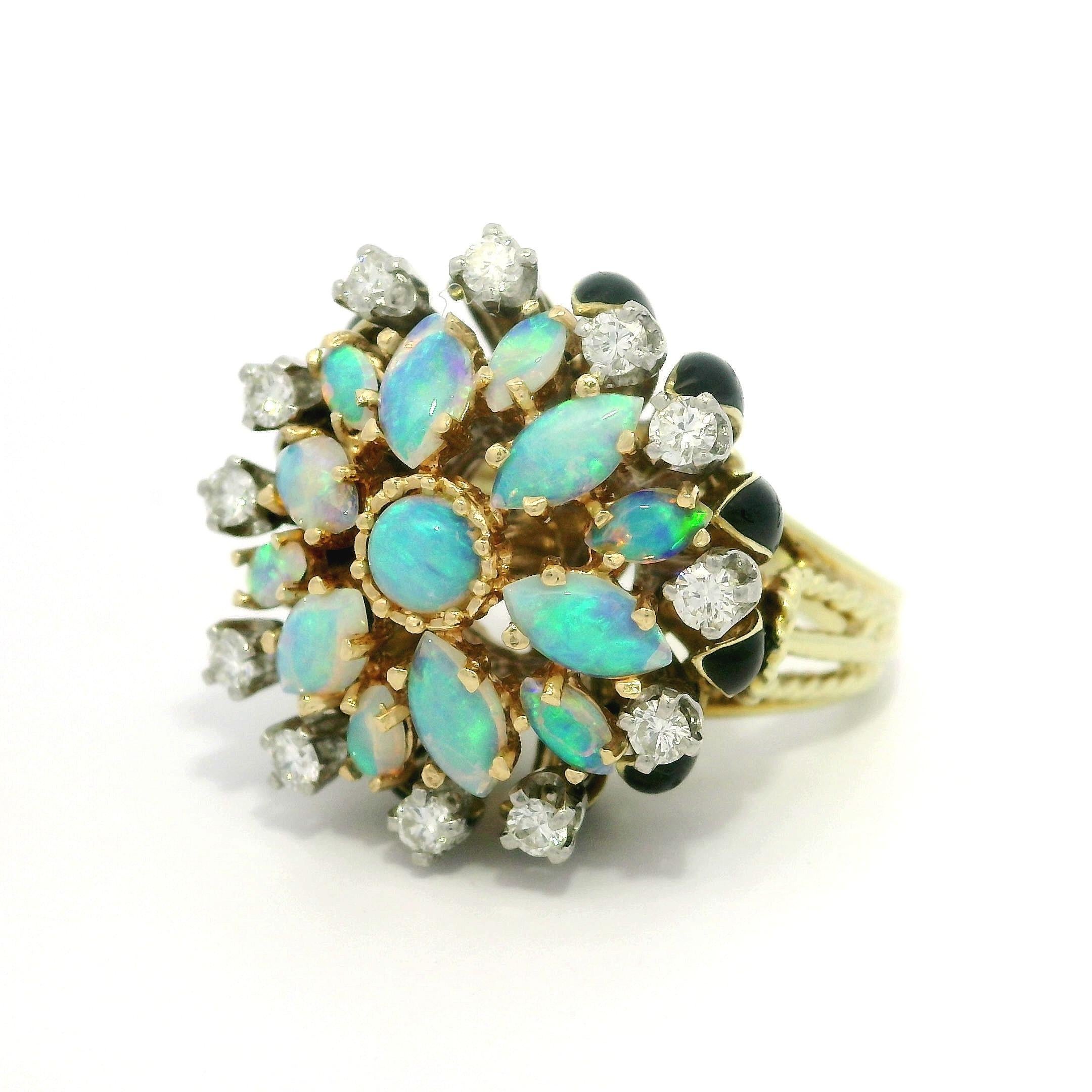 La Triomphe 14k Gold & Palladium Opal Diamond Black Enamel Cluster Flower Ring For Sale 8