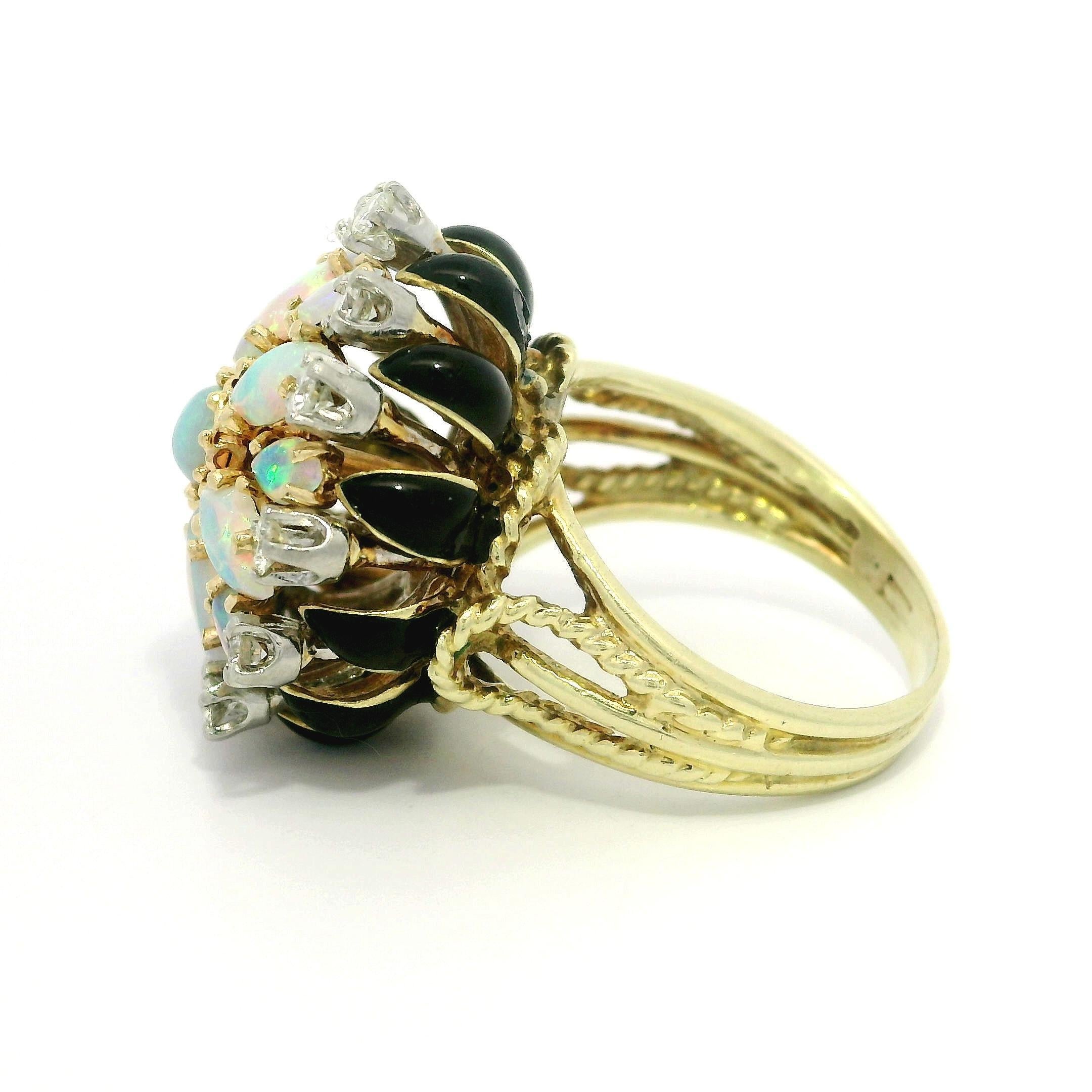La Triomphe 14k Gold & Palladium Opal Diamond Black Enamel Cluster Flower Ring For Sale 9