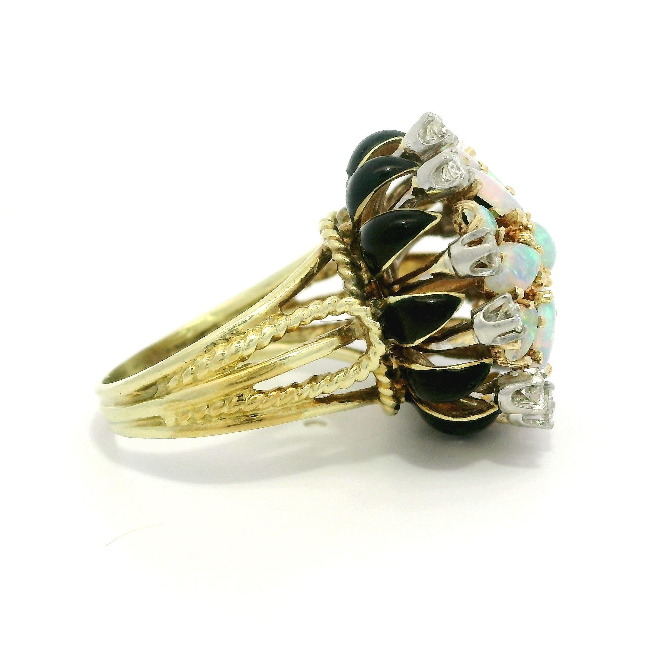La Triomphe 14k Gold & Palladium Opal Diamond Black Enamel Cluster Flower Ring For Sale 10