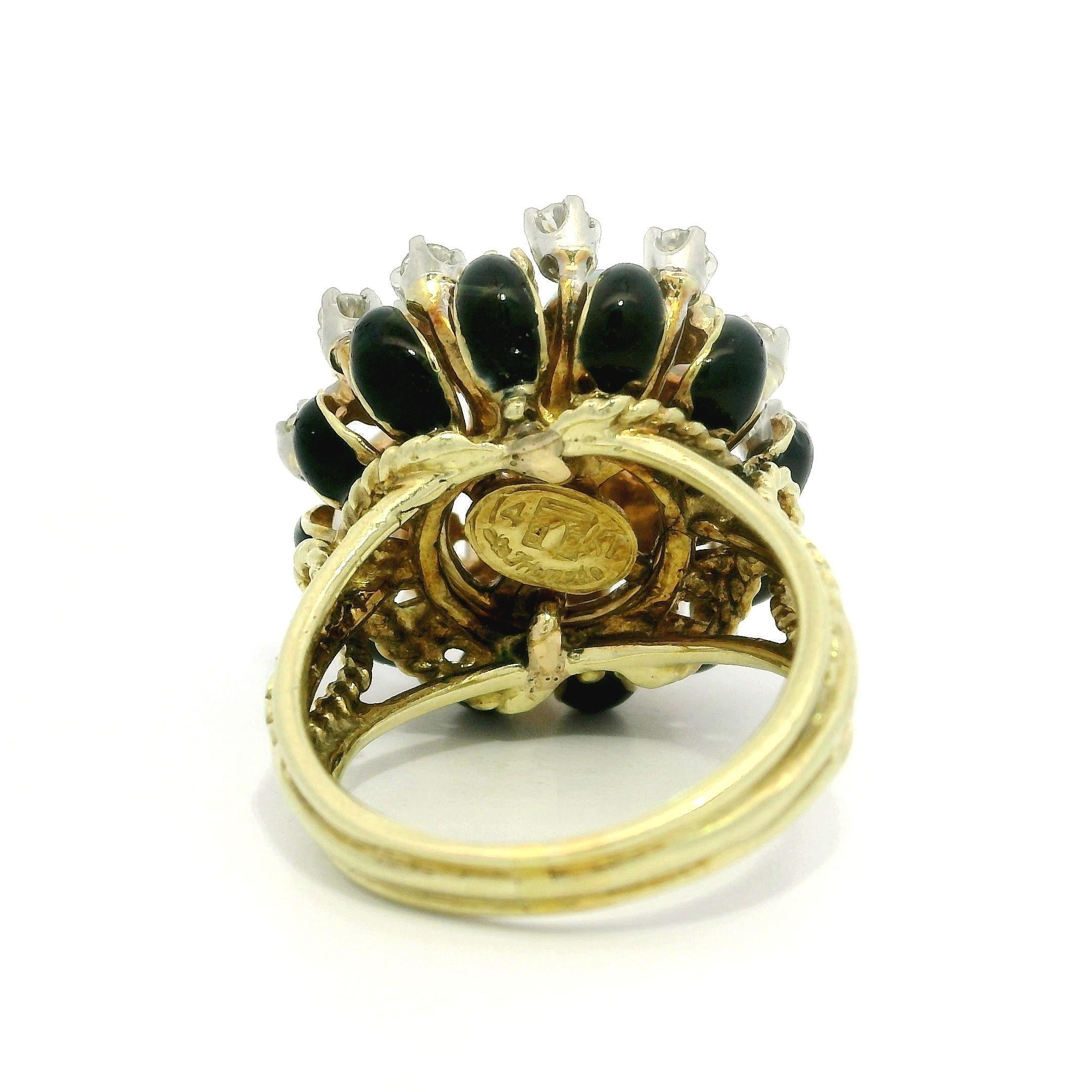 La Triomphe 14k Gold & Palladium Opal Diamond Black Enamel Cluster Flower Ring For Sale 11