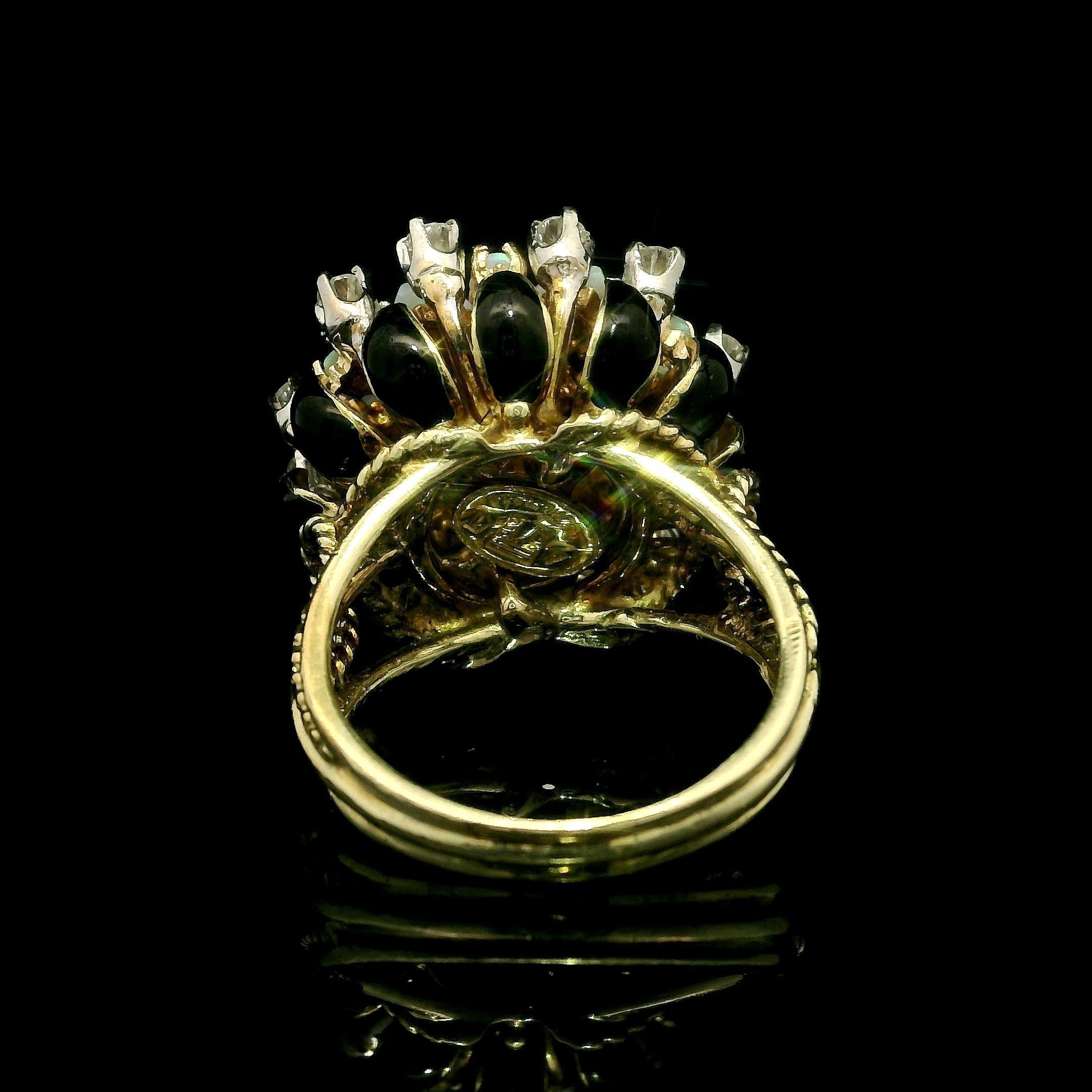 Cabochon La Triomphe 14k Gold & Palladium Opal Diamond Black Enamel Cluster Flower Ring For Sale