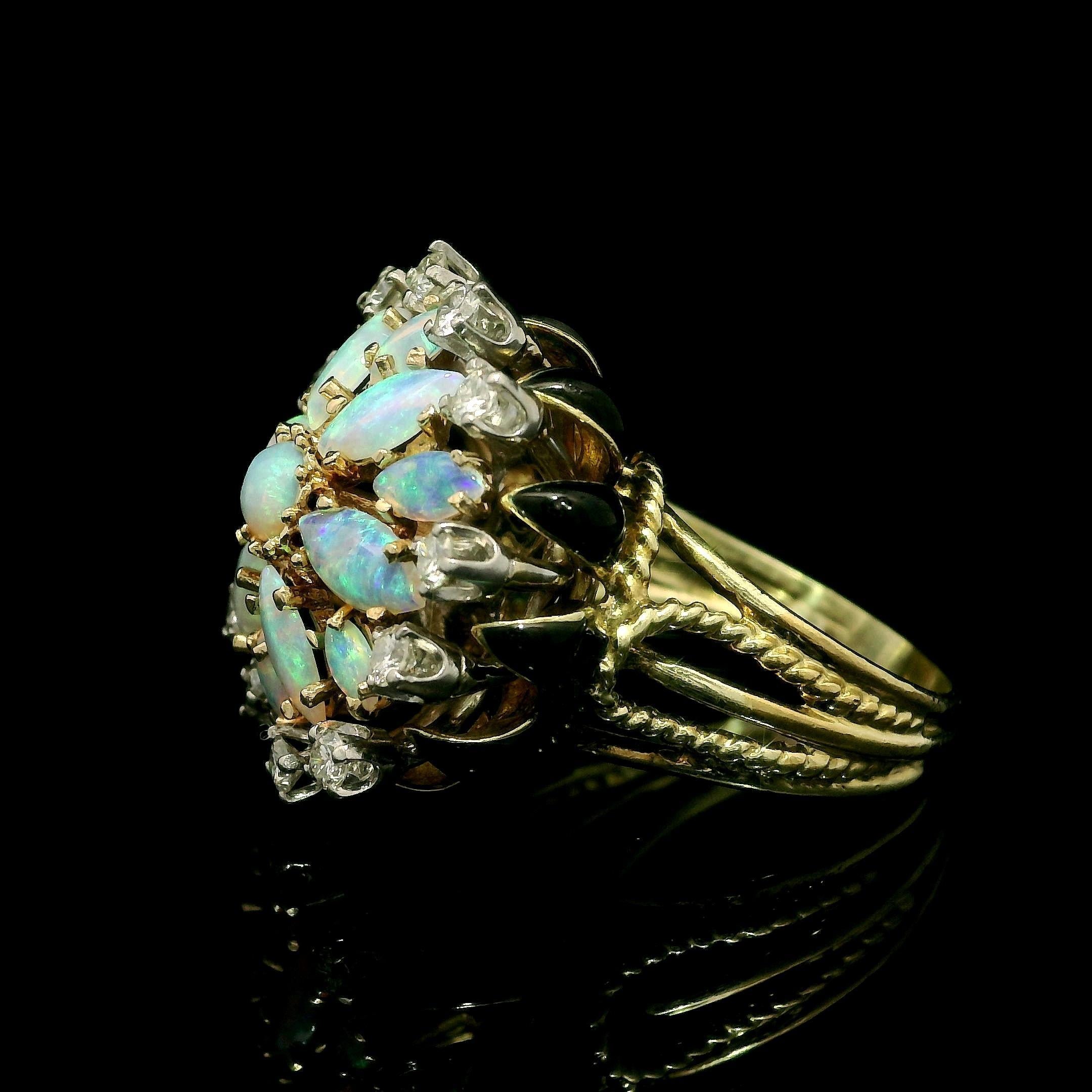 La Triomphe 14k Gold & Palladium Opal Diamond Black Enamel Cluster Flower Ring In Good Condition For Sale In Montclair, NJ