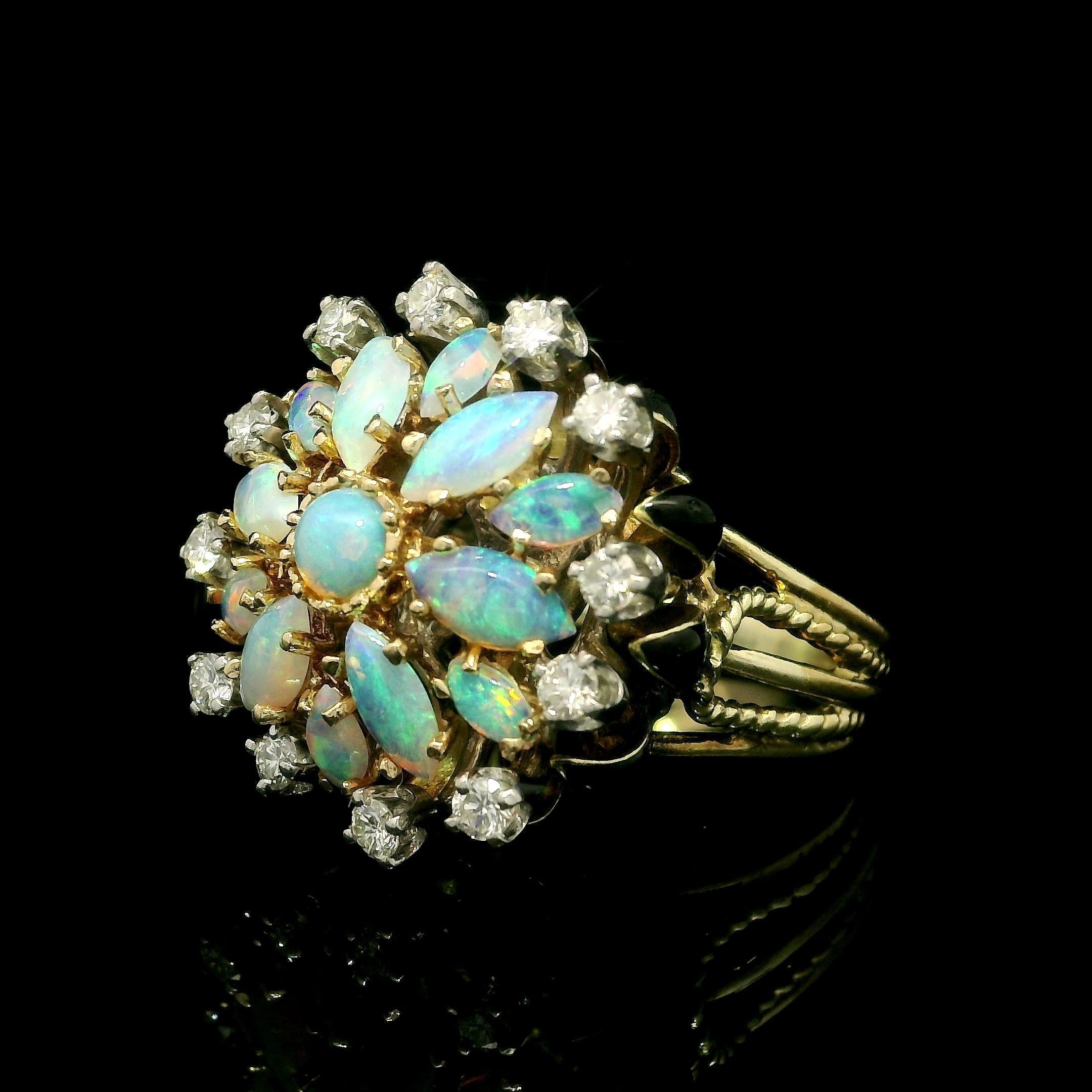 Women's La Triomphe 14k Gold & Palladium Opal Diamond Black Enamel Cluster Flower Ring For Sale