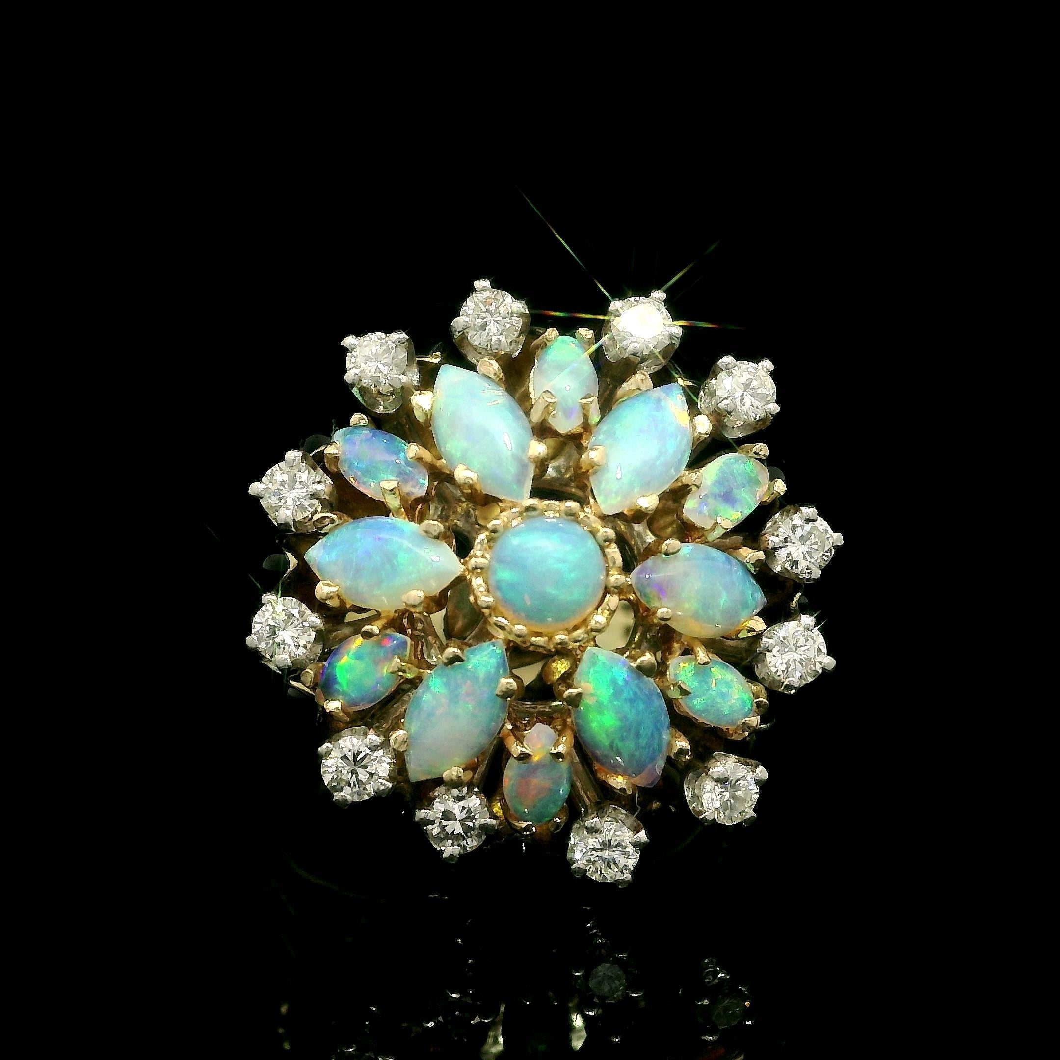 La Triomphe 14k Gold & Palladium Opal Diamond Black Enamel Cluster Flower Ring For Sale 2
