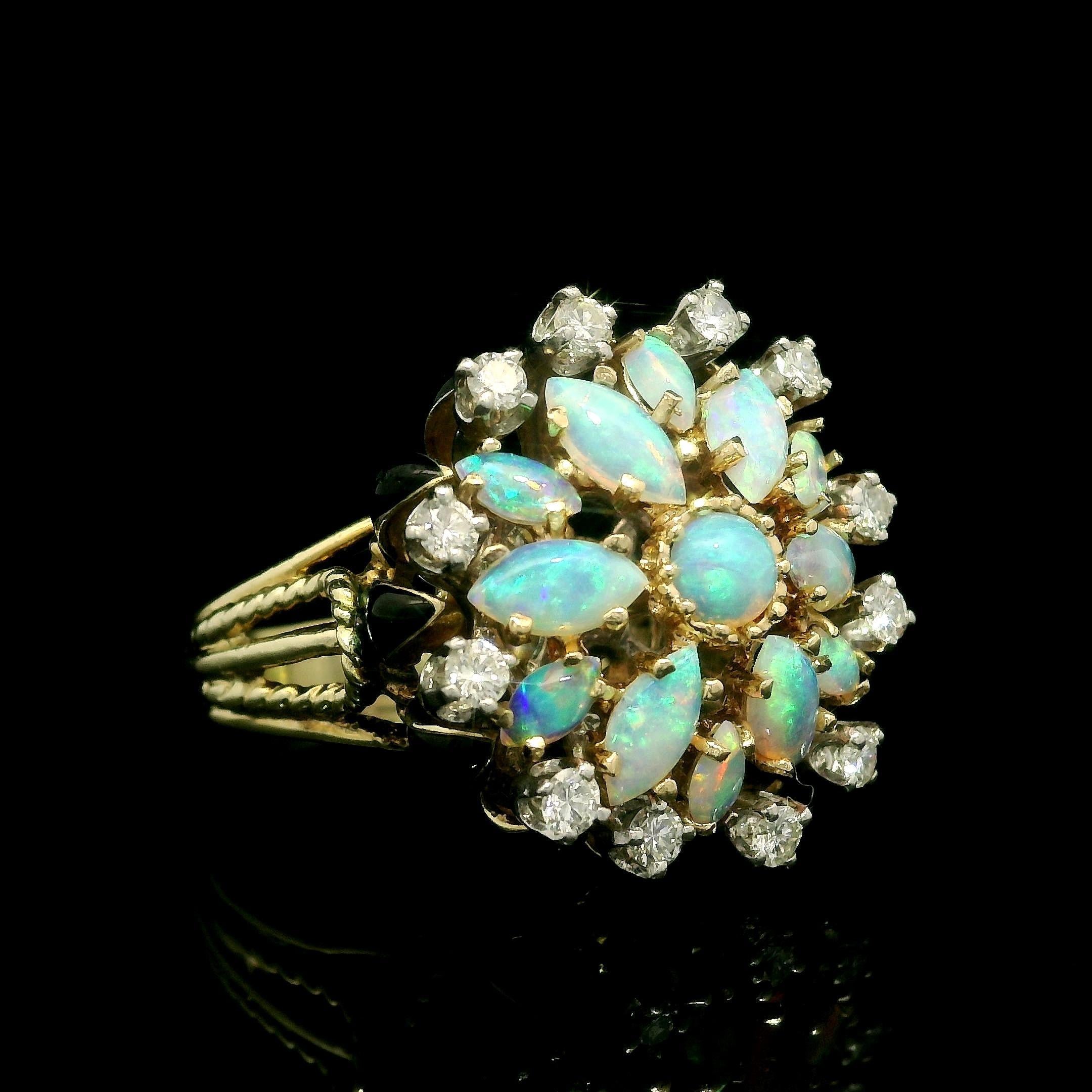La Triomphe 14k Gold & Palladium Opal Diamond Black Enamel Cluster Flower Ring For Sale 3