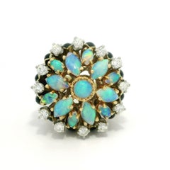La Triomphe 14k Gold & Palladium Opal Diamond Black Enamel Cluster Flower Ring