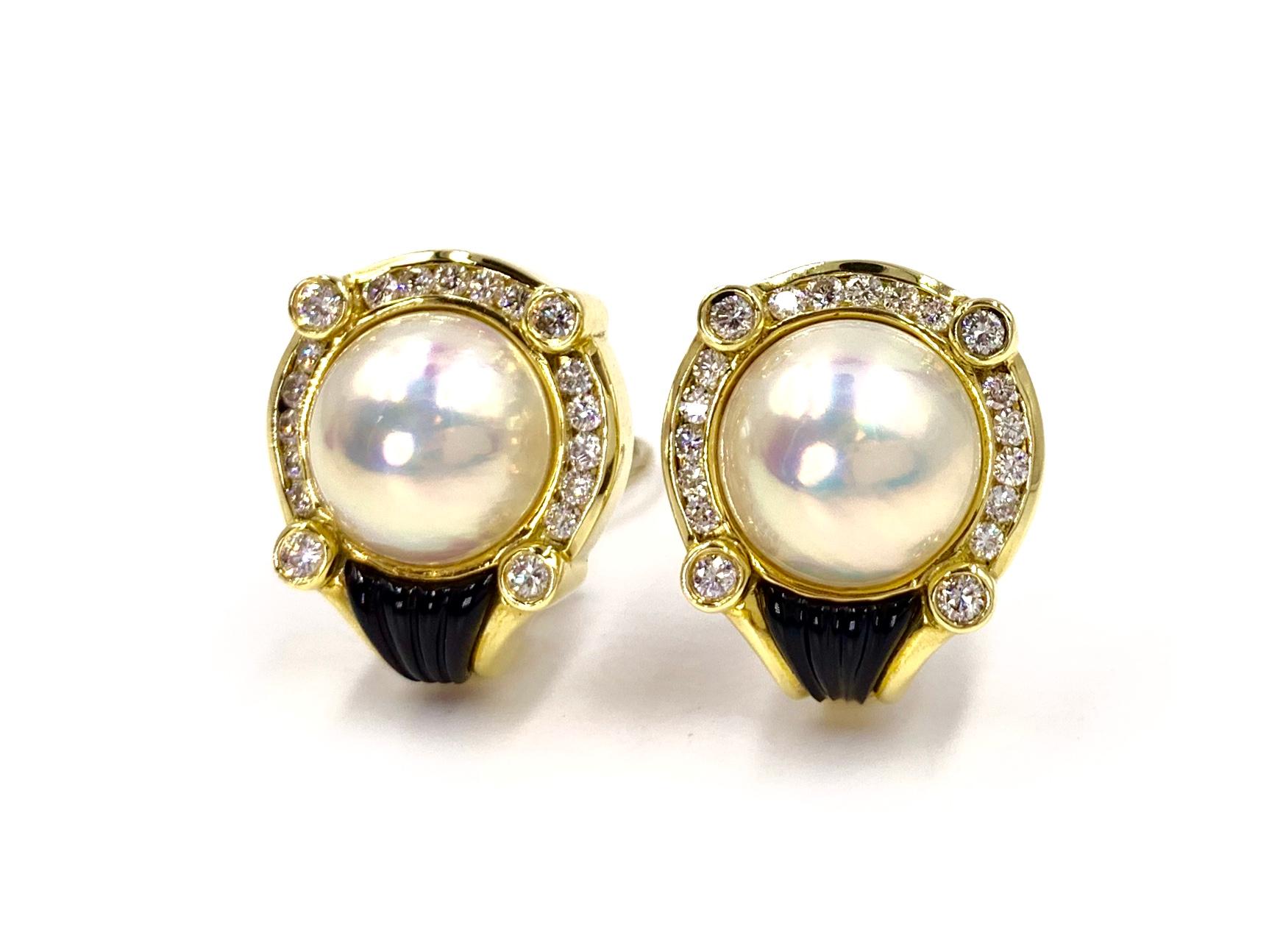 Contemporary La Triomphe 18 Karat Diamond, Pearl and Onyx Button Earrings