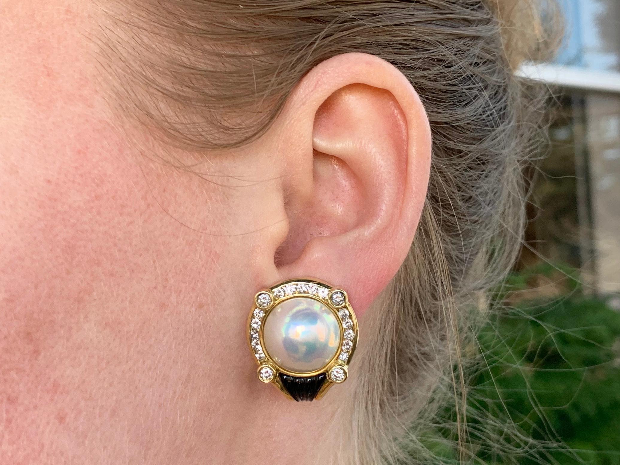 La Triomphe 18 Karat Diamond, Pearl and Onyx Button Earrings 2