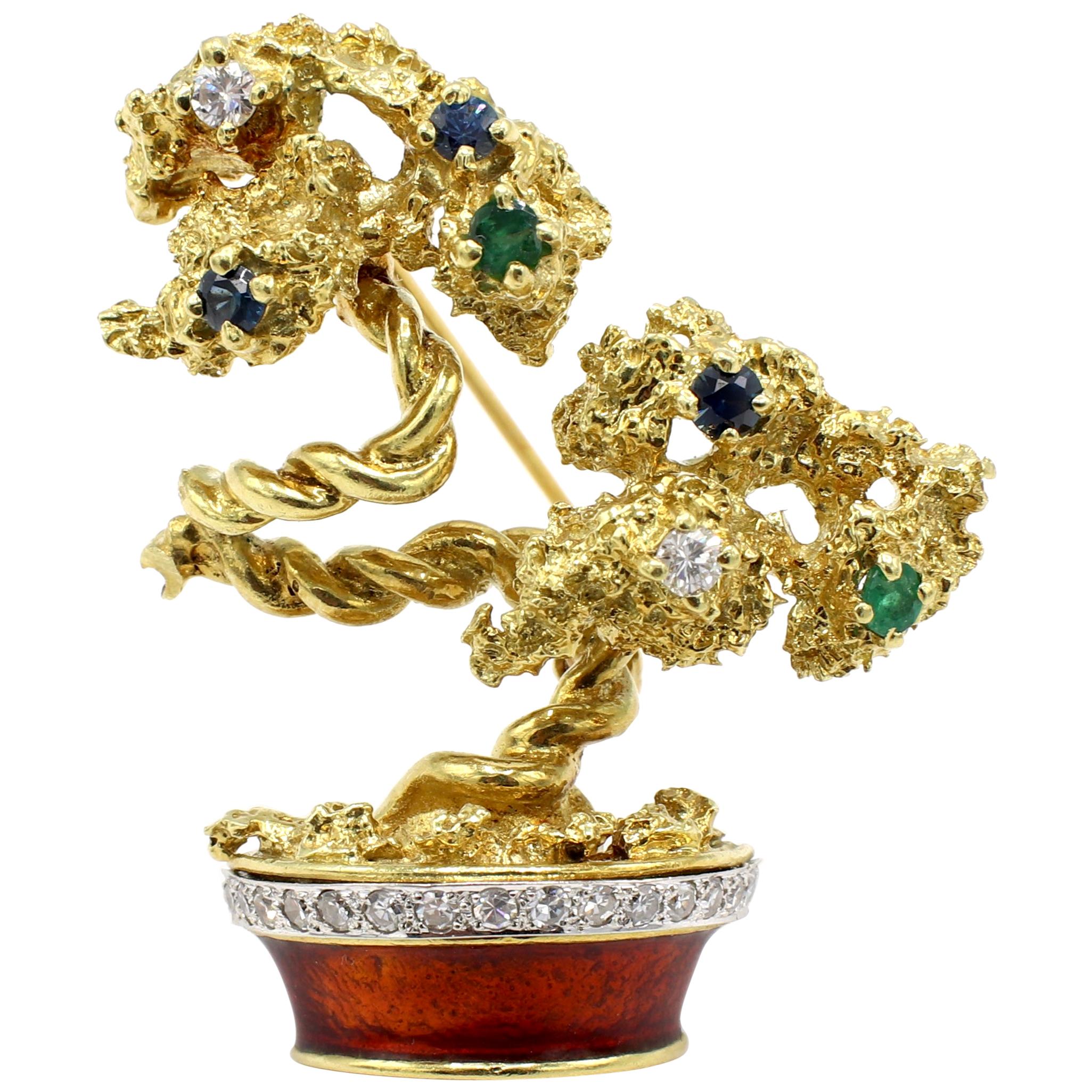 La Triomphe 18 Karat Gold, Diamond, Gemstone and Enamel Bonsai Tree Brooch Pin