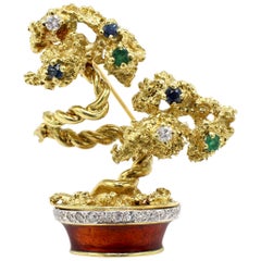 La Triomphe 18 Karat Gold, Diamond, Gemstone and Enamel Bonsai Tree Brooch Pin