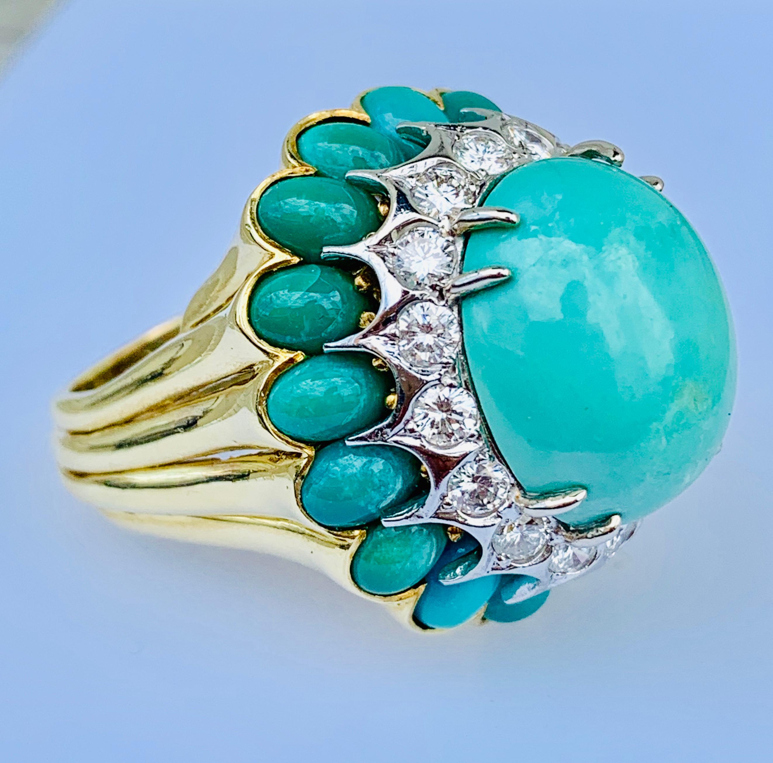 Modernist La Triomphe 18 Karat Yellow Gold, Turquoise and Diamond Dome Ring