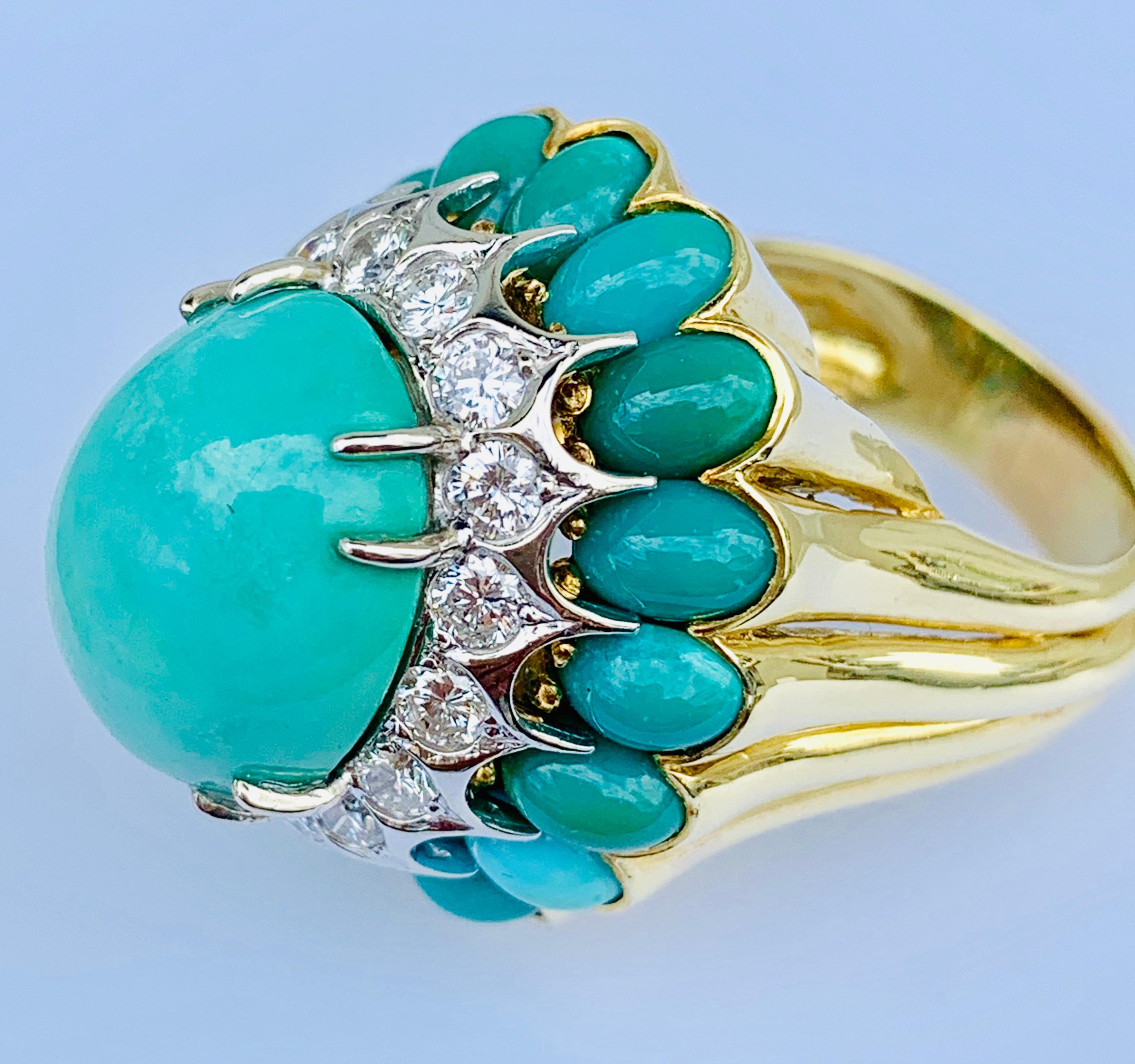 La Triomphe 18 Karat Yellow Gold, Turquoise and Diamond Dome Ring In Excellent Condition In Birmingham, AL